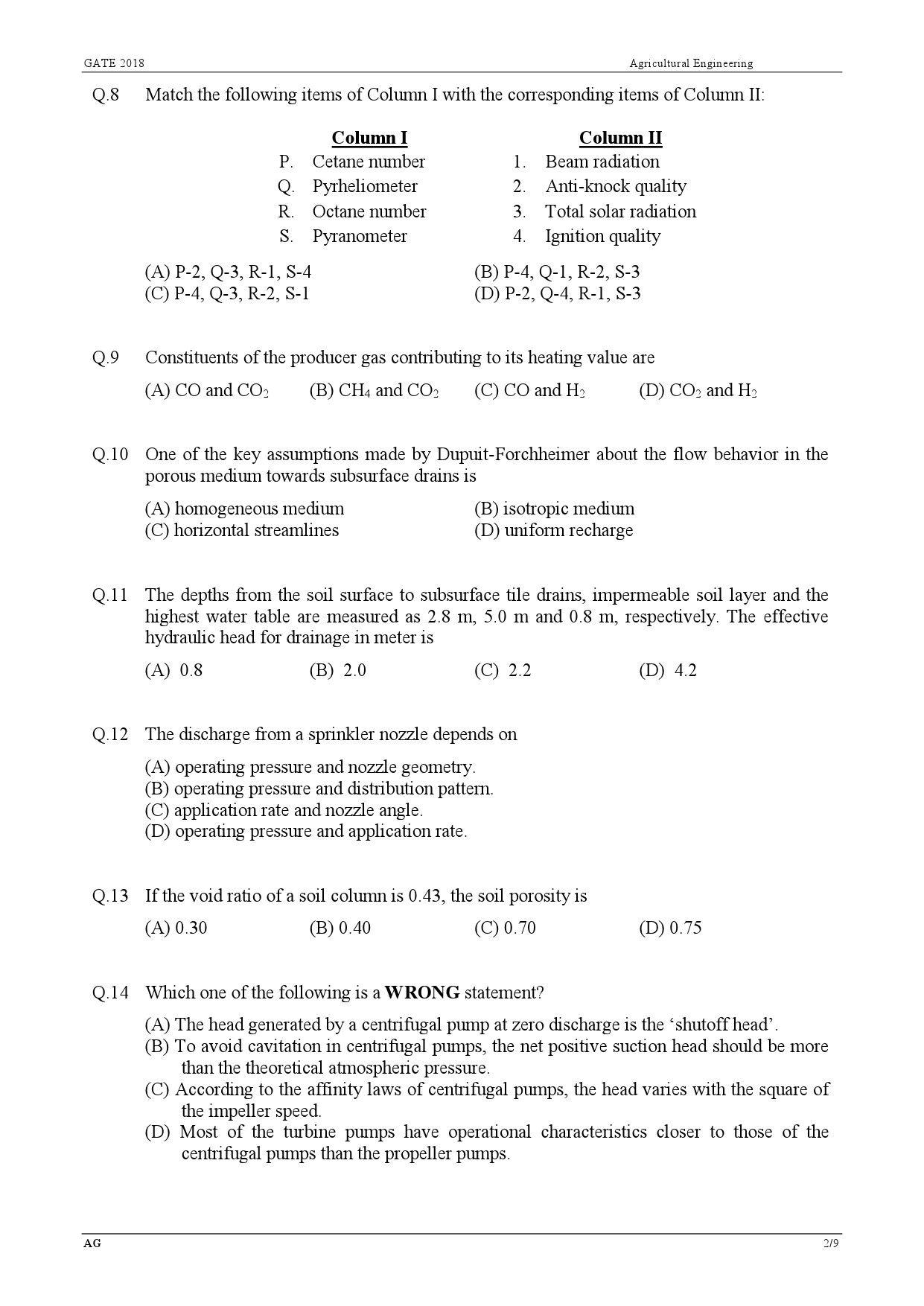 GATE Exam Question Paper 2018 Agricultural Engineering 2