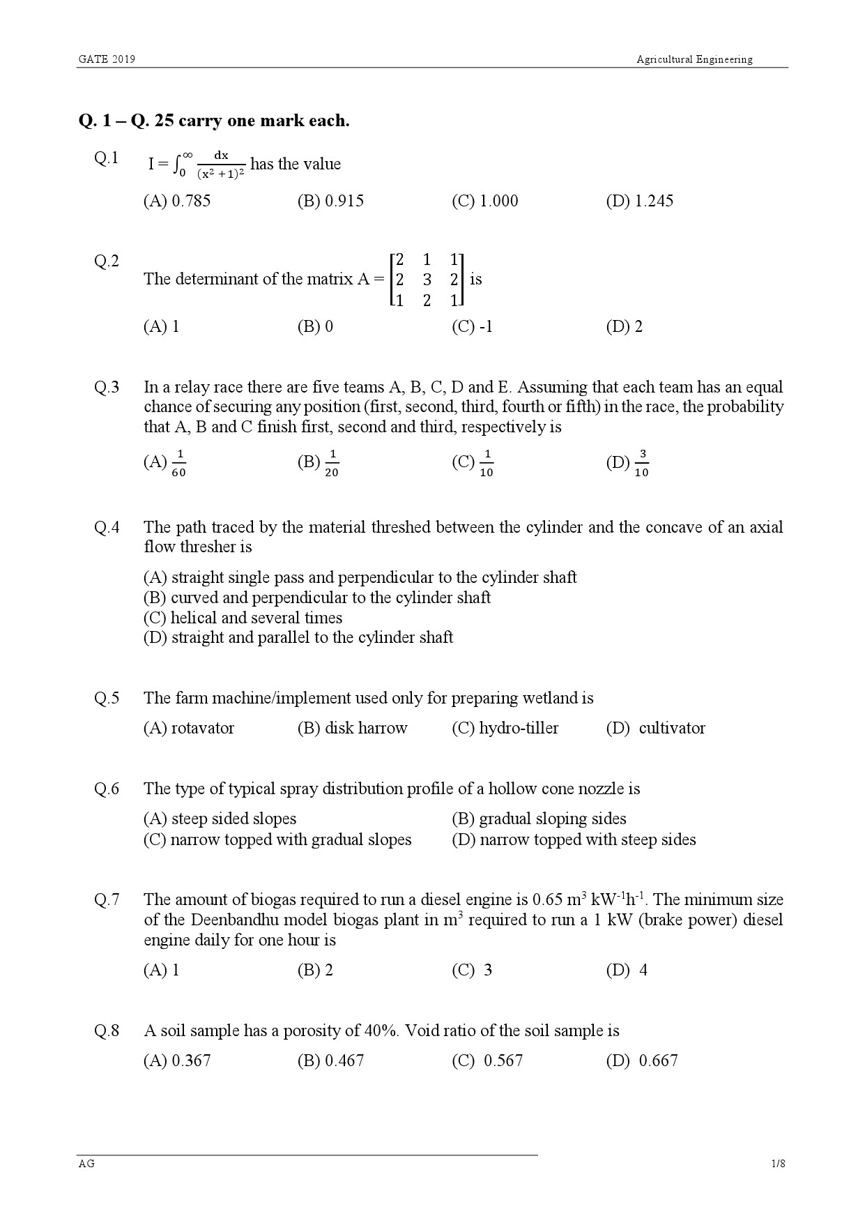 GATE Exam Question Paper 2019 Agricultural Engineering 1