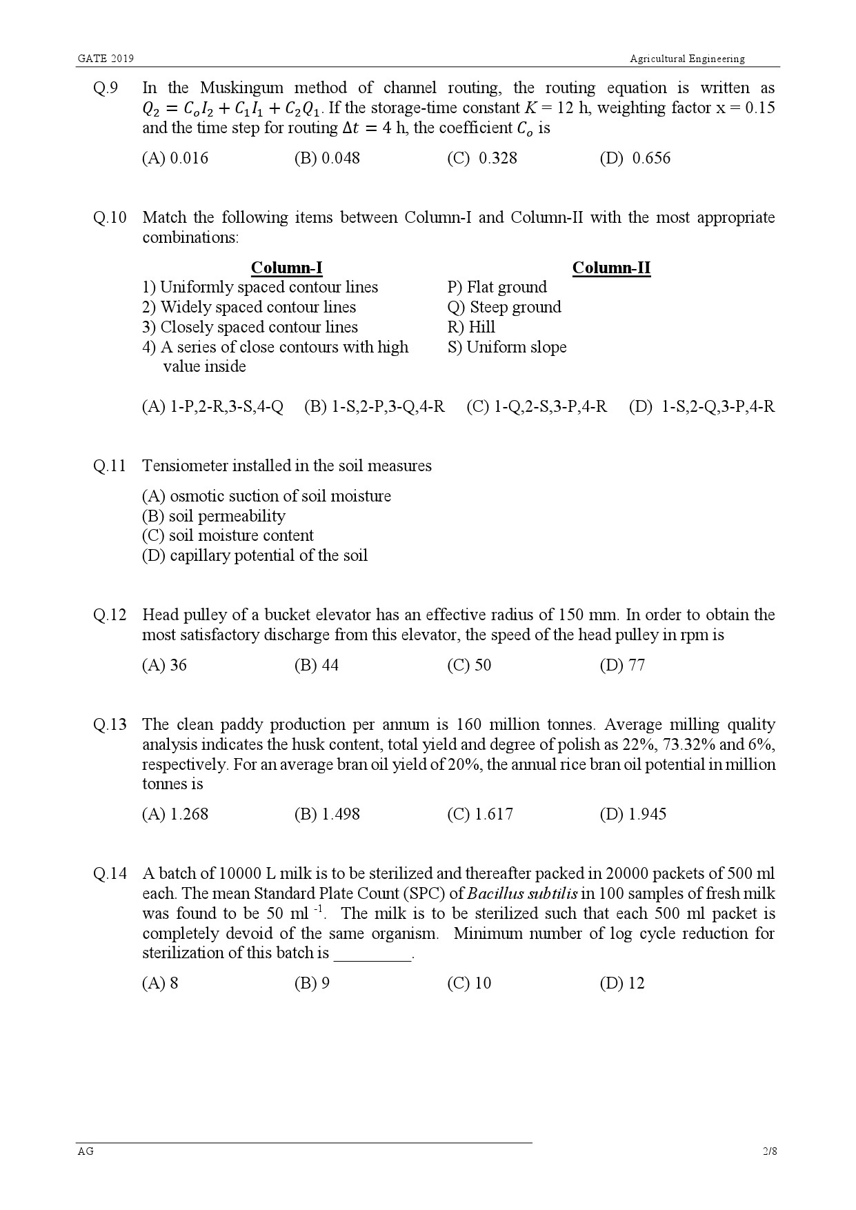 GATE Exam Question Paper 2019 Agricultural Engineering 2