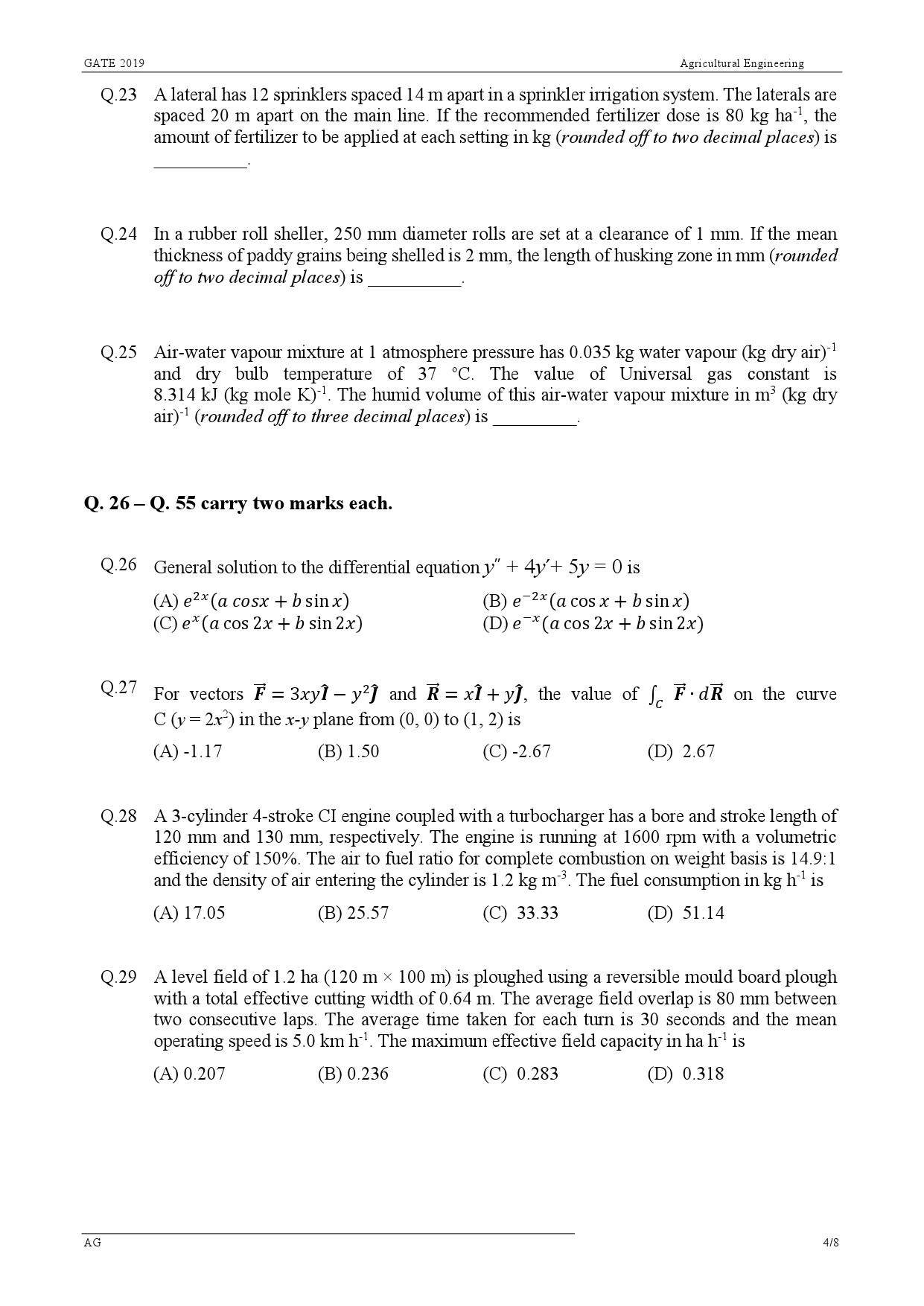 GATE Exam Question Paper 2019 Agricultural Engineering 4