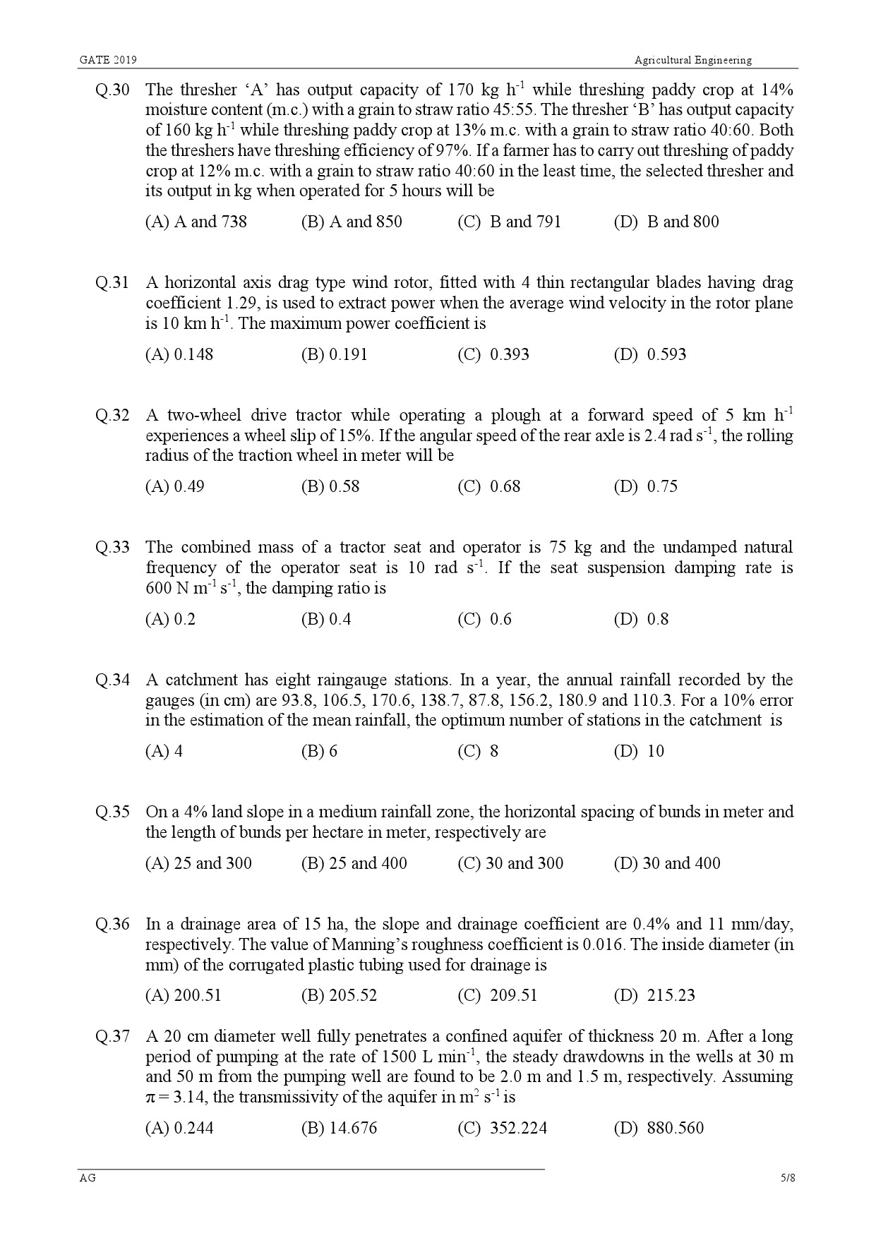 GATE Exam Question Paper 2019 Agricultural Engineering 5