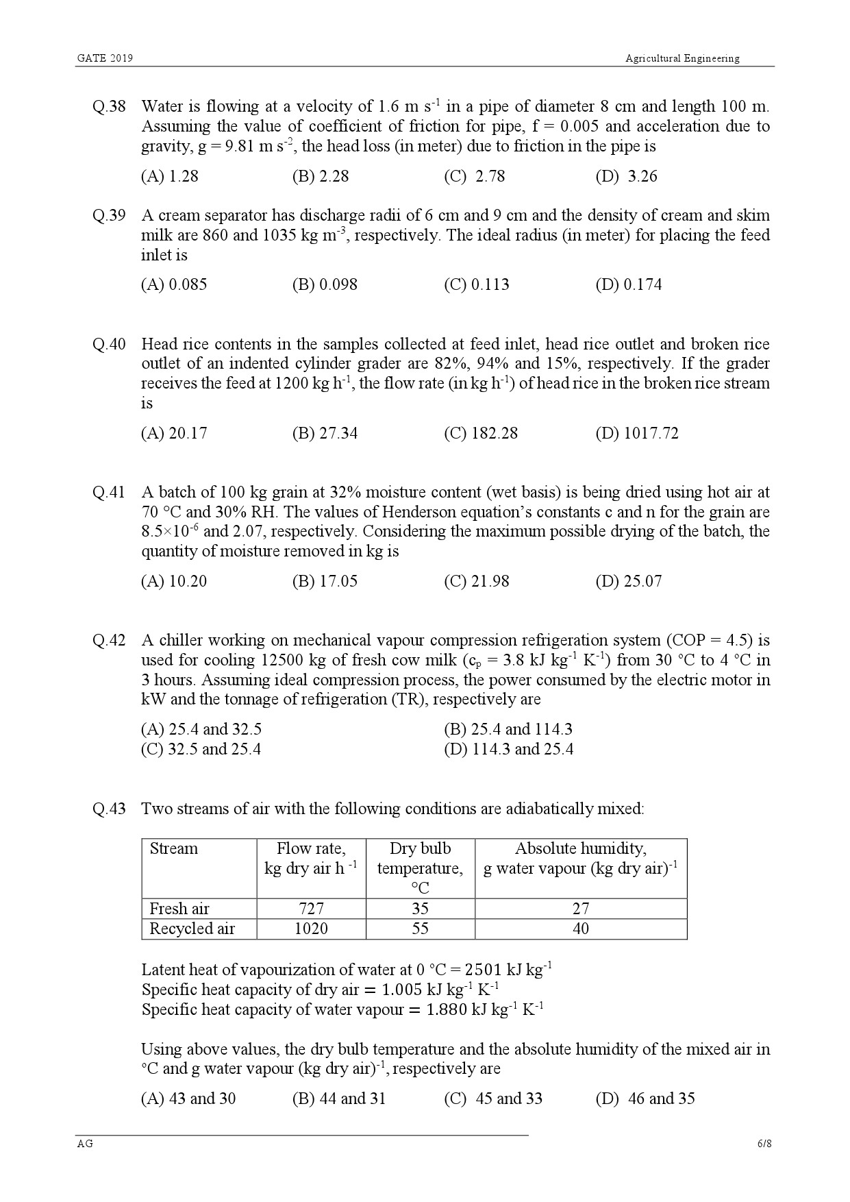 GATE Exam Question Paper 2019 Agricultural Engineering 6