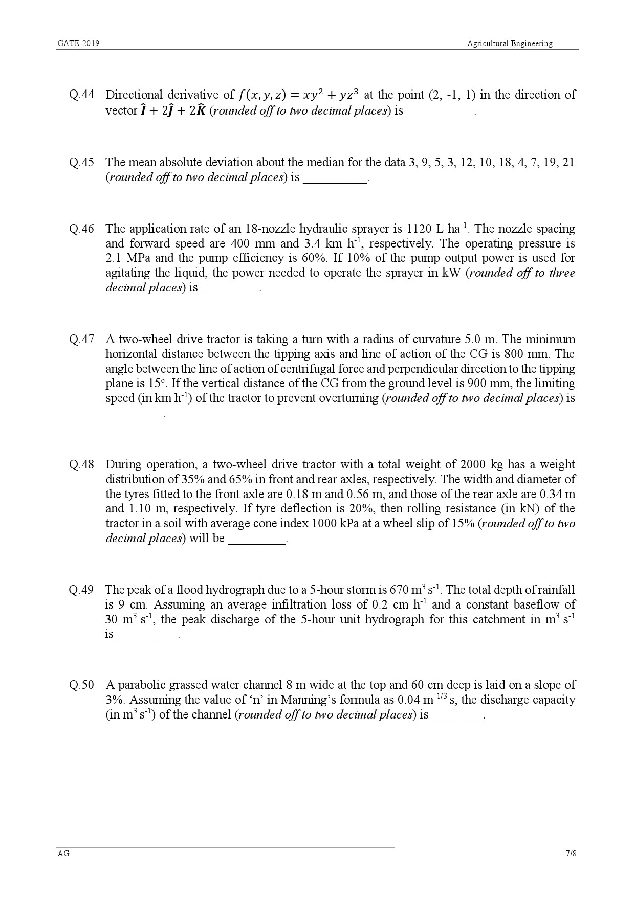 GATE Exam Question Paper 2019 Agricultural Engineering 7