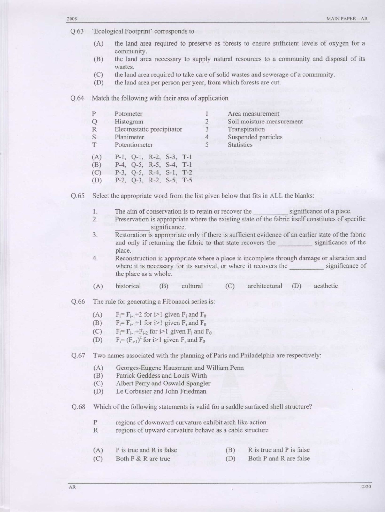 GATE Exam Question Paper 2008 Architecture and Planning 12