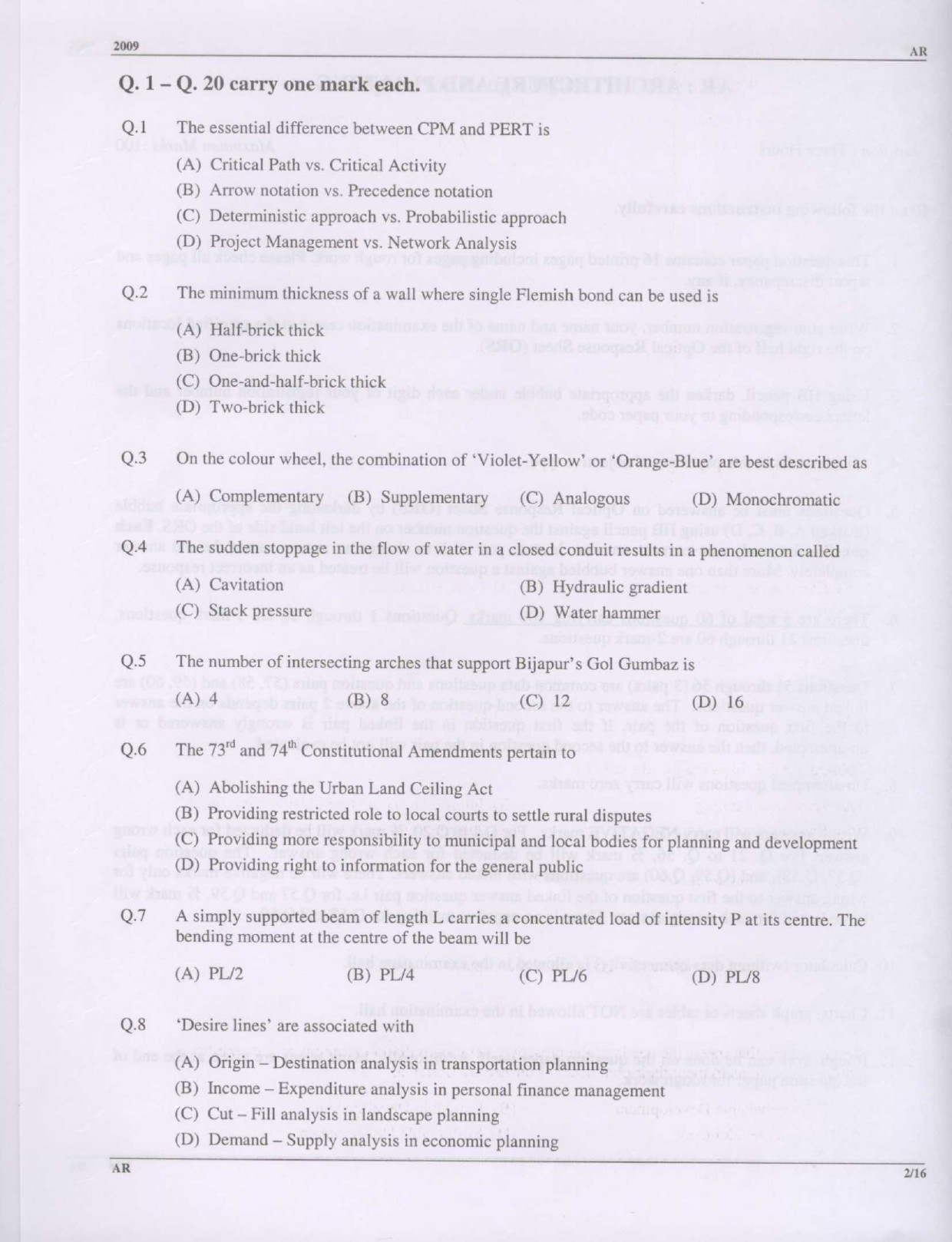GATE Exam Question Paper 2009 Architecture and Planning 2