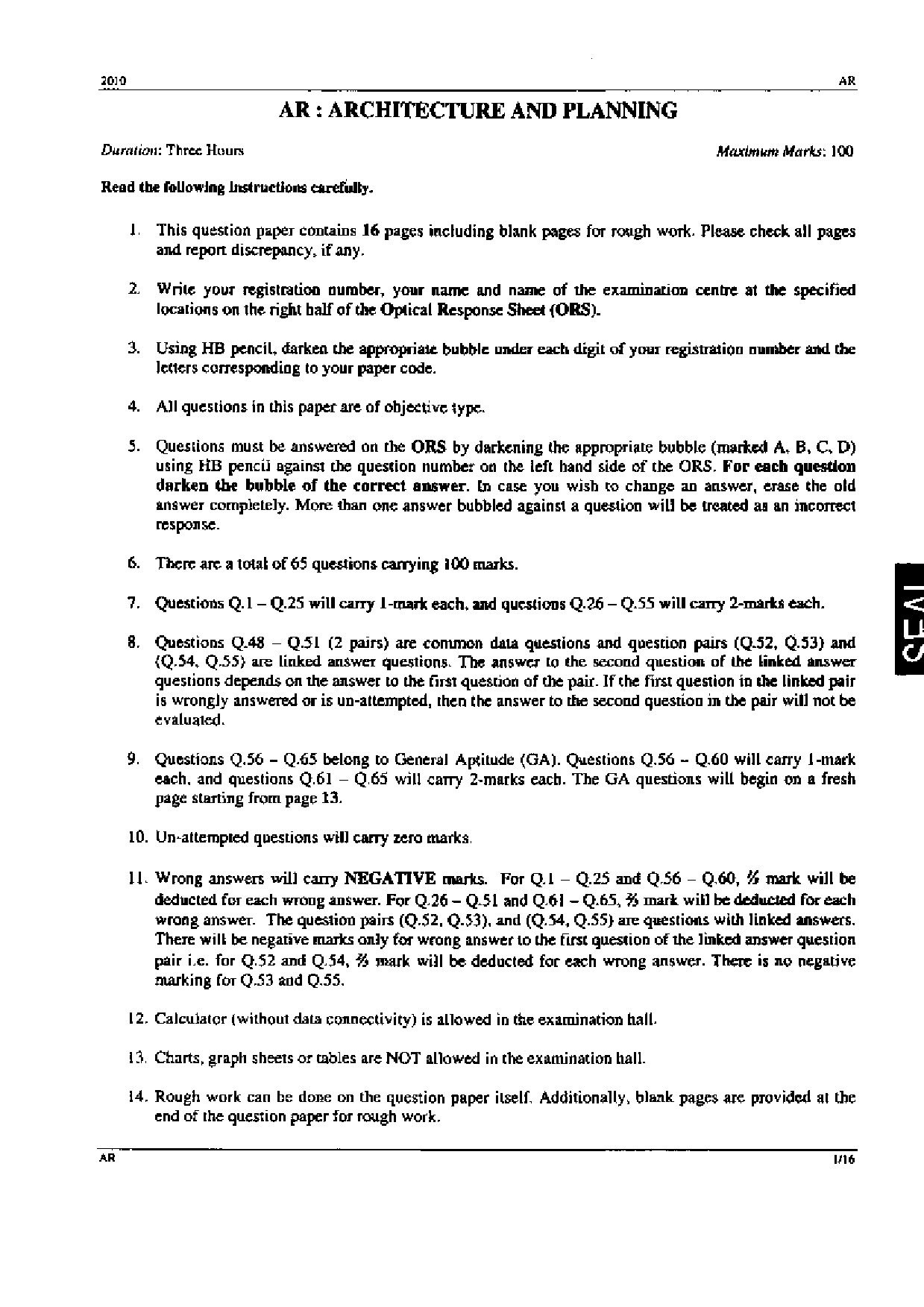 GATE Exam Question Paper 2010 Architecture and Planning 1