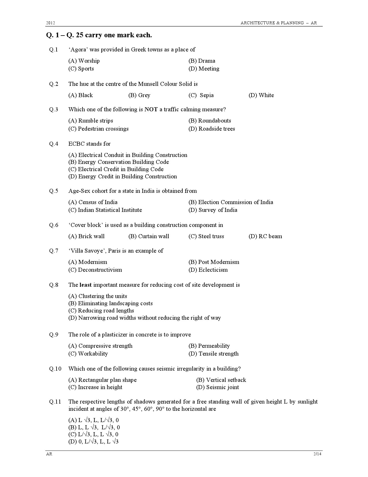 GATE Exam Question Paper 2012 Architecture and Planning 2
