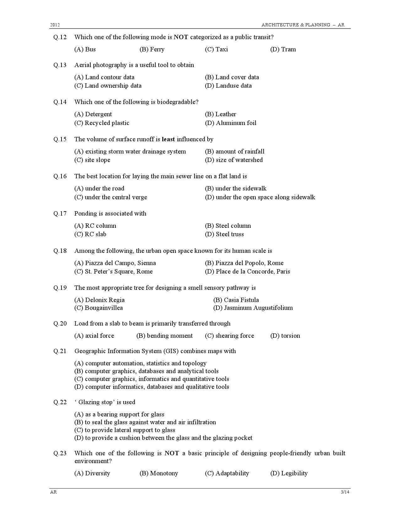 GATE Exam Question Paper 2012 Architecture and Planning 3