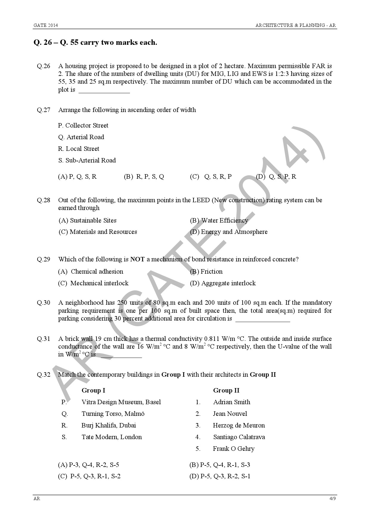 GATE Exam Question Paper 2014 Architecture and Planning 10