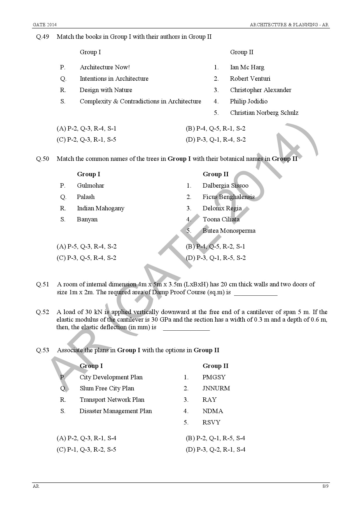 GATE Exam Question Paper 2014 Architecture and Planning 14