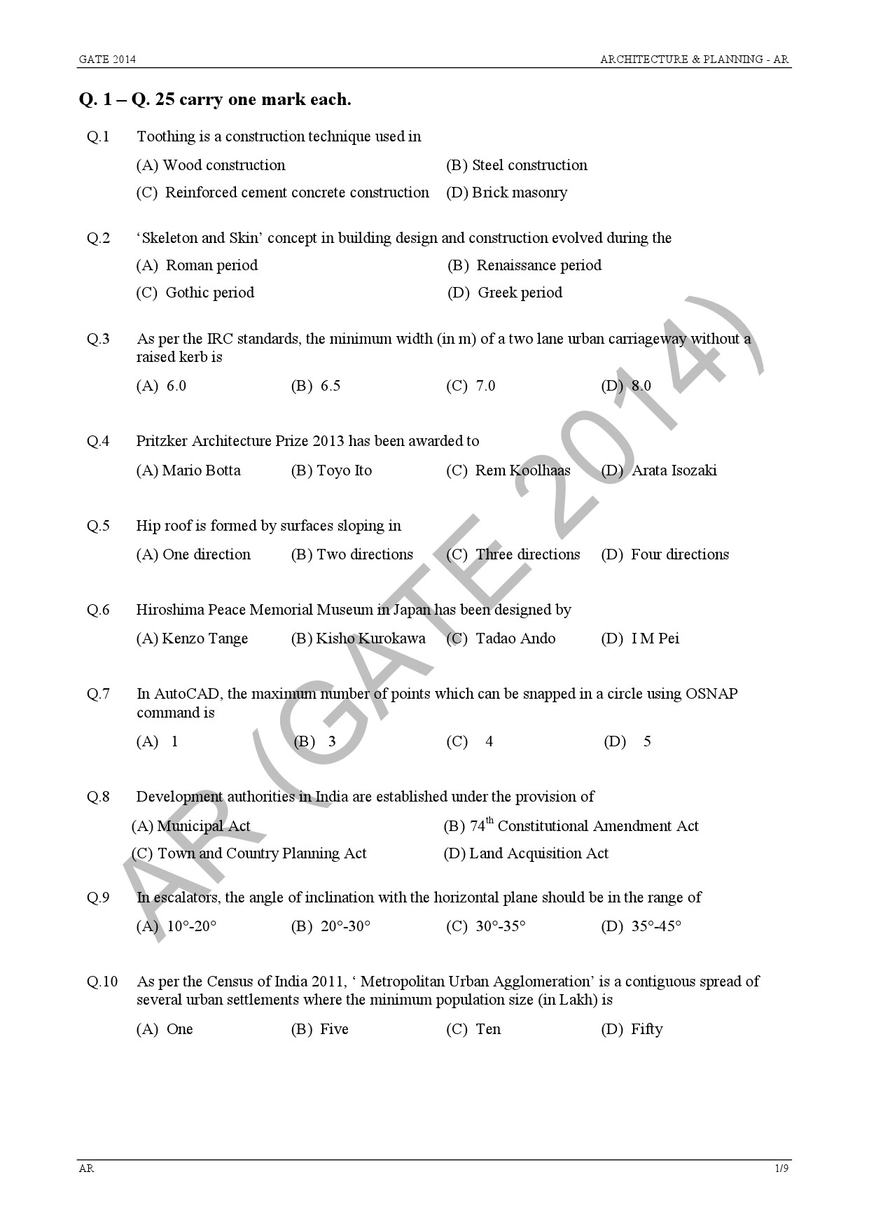 GATE Exam Question Paper 2014 Architecture and Planning 7