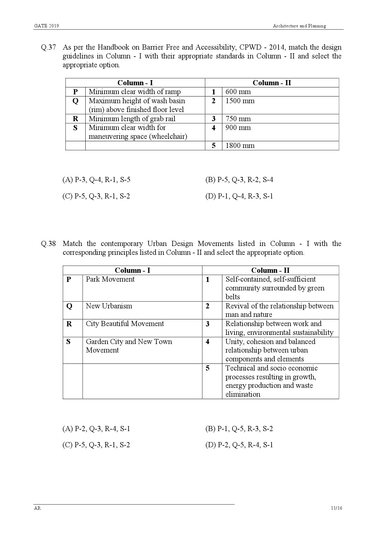 GATE Exam Question Paper 2019 Architecture and Planning 14