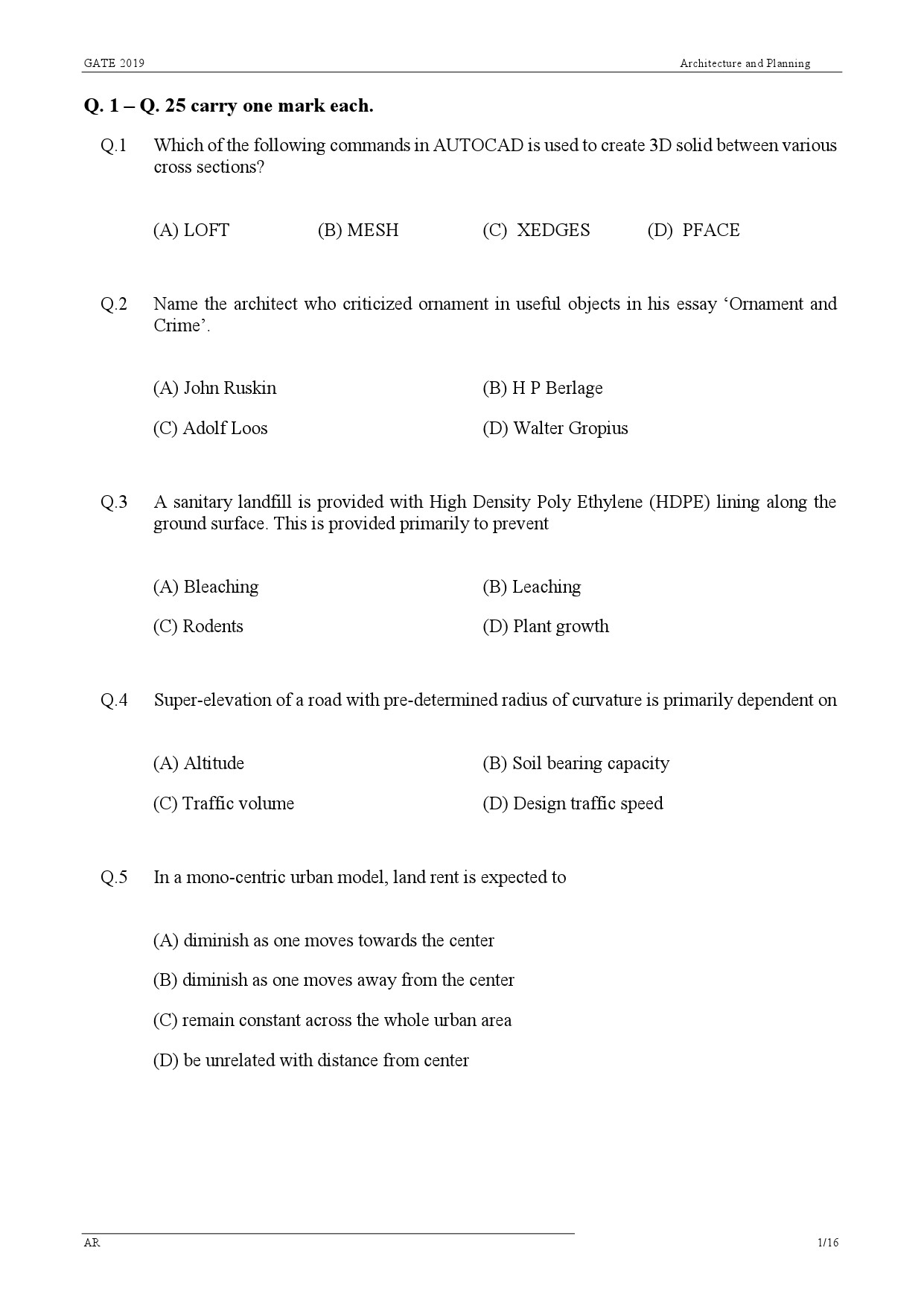 GATE Exam Question Paper 2019 Architecture and Planning 4