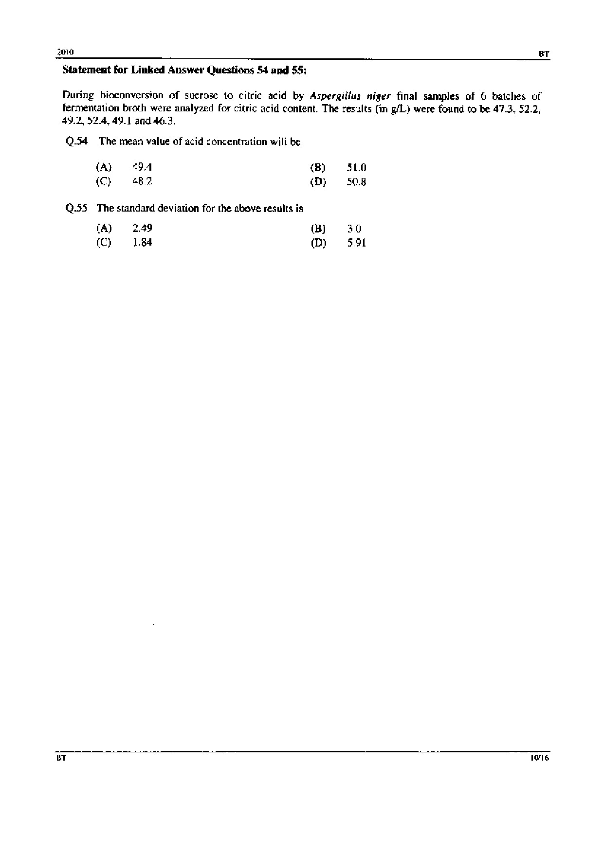 GATE Exam Question Paper 2010 Biotechnology 10