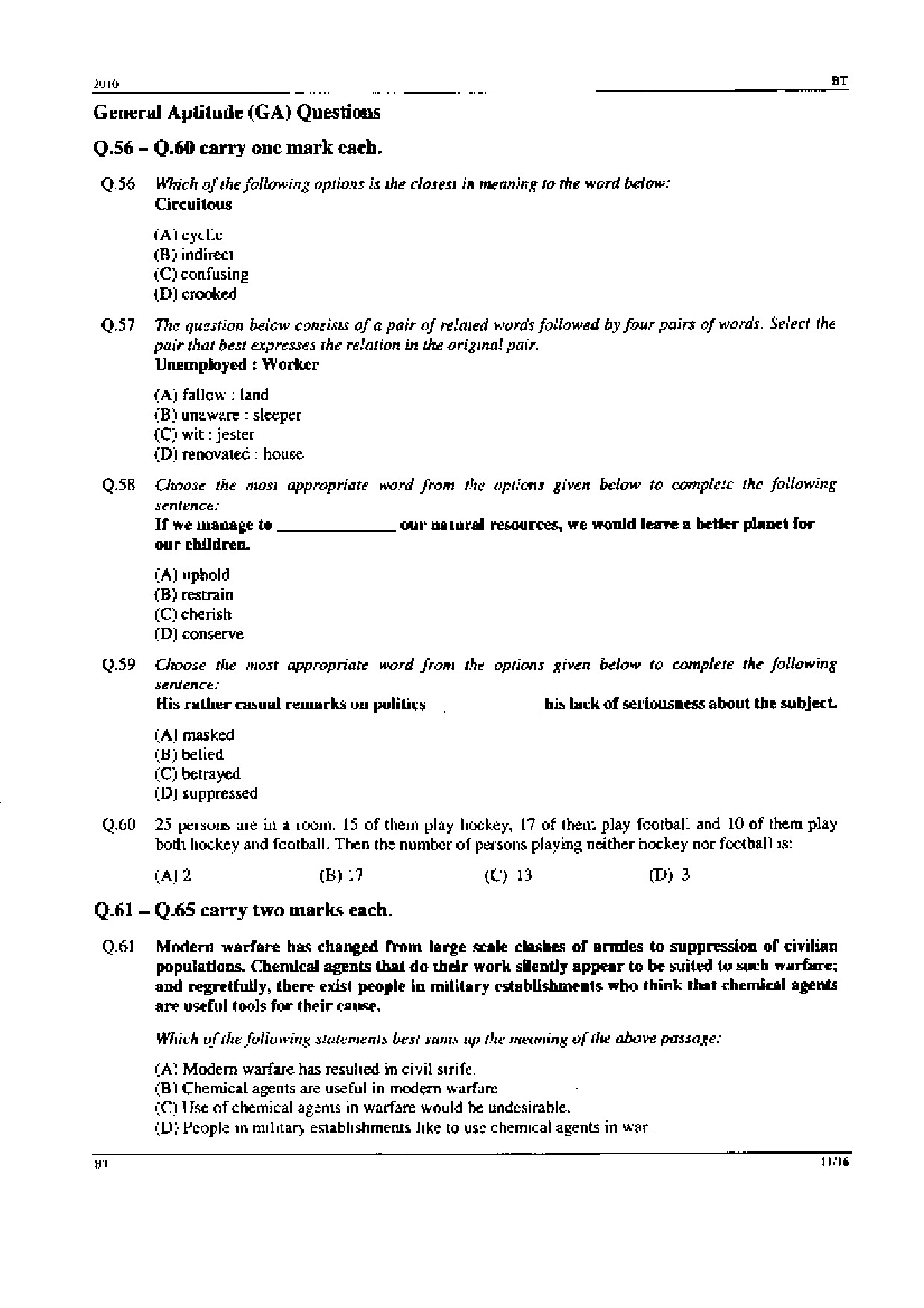 GATE Exam Question Paper 2010 Biotechnology 11