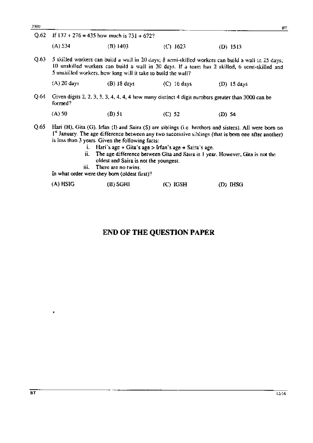 GATE Exam Question Paper 2010 Biotechnology 12