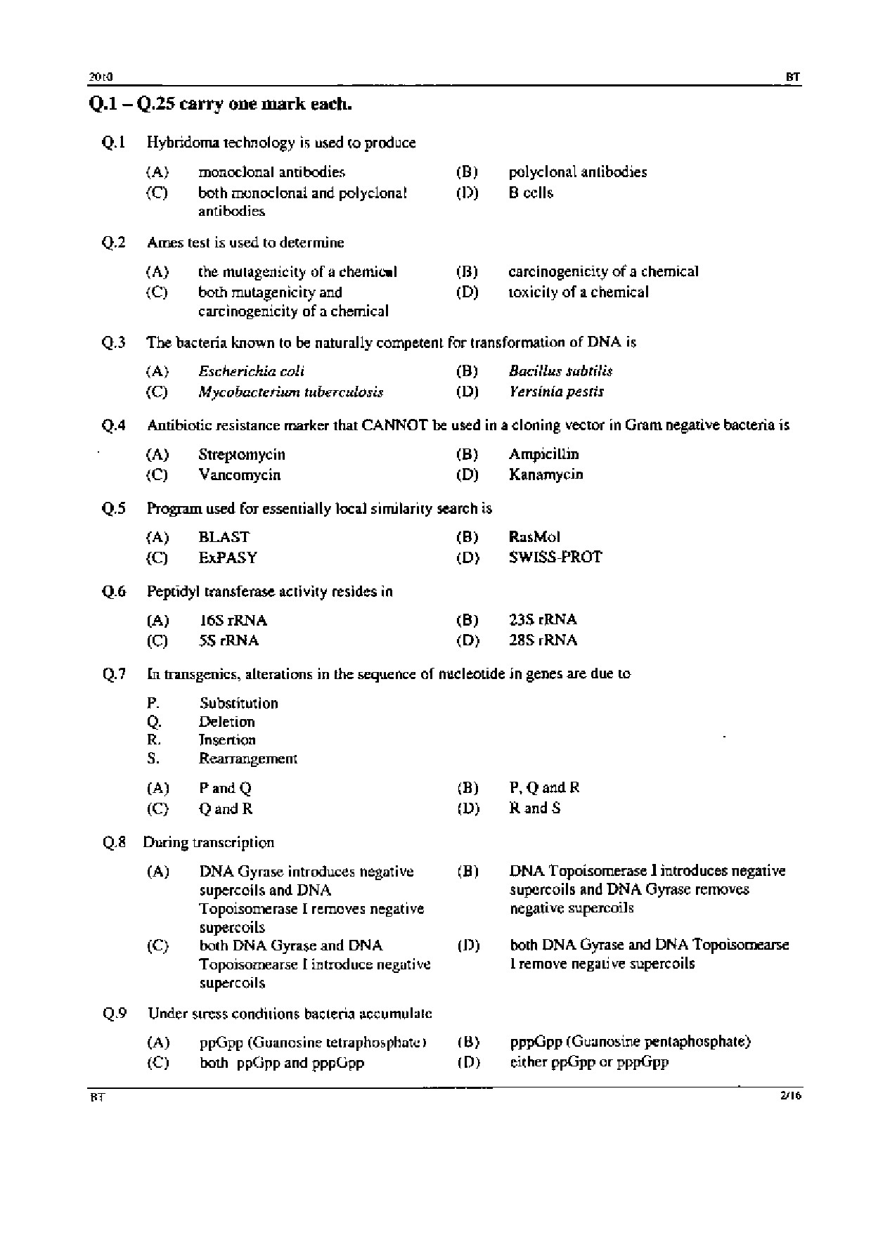 GATE Exam Question Paper 2010 Biotechnology 2