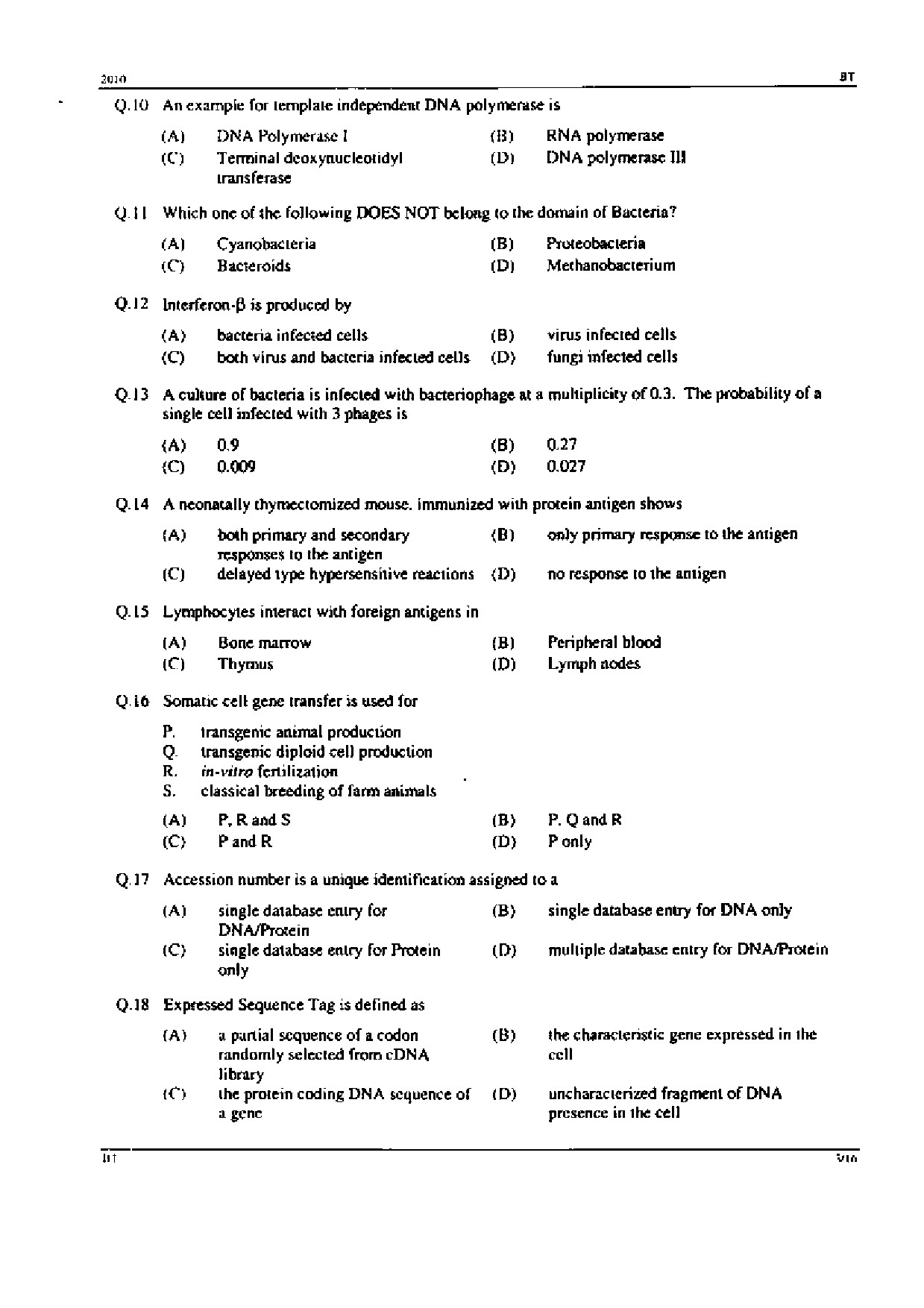 GATE Exam Question Paper 2010 Biotechnology 3