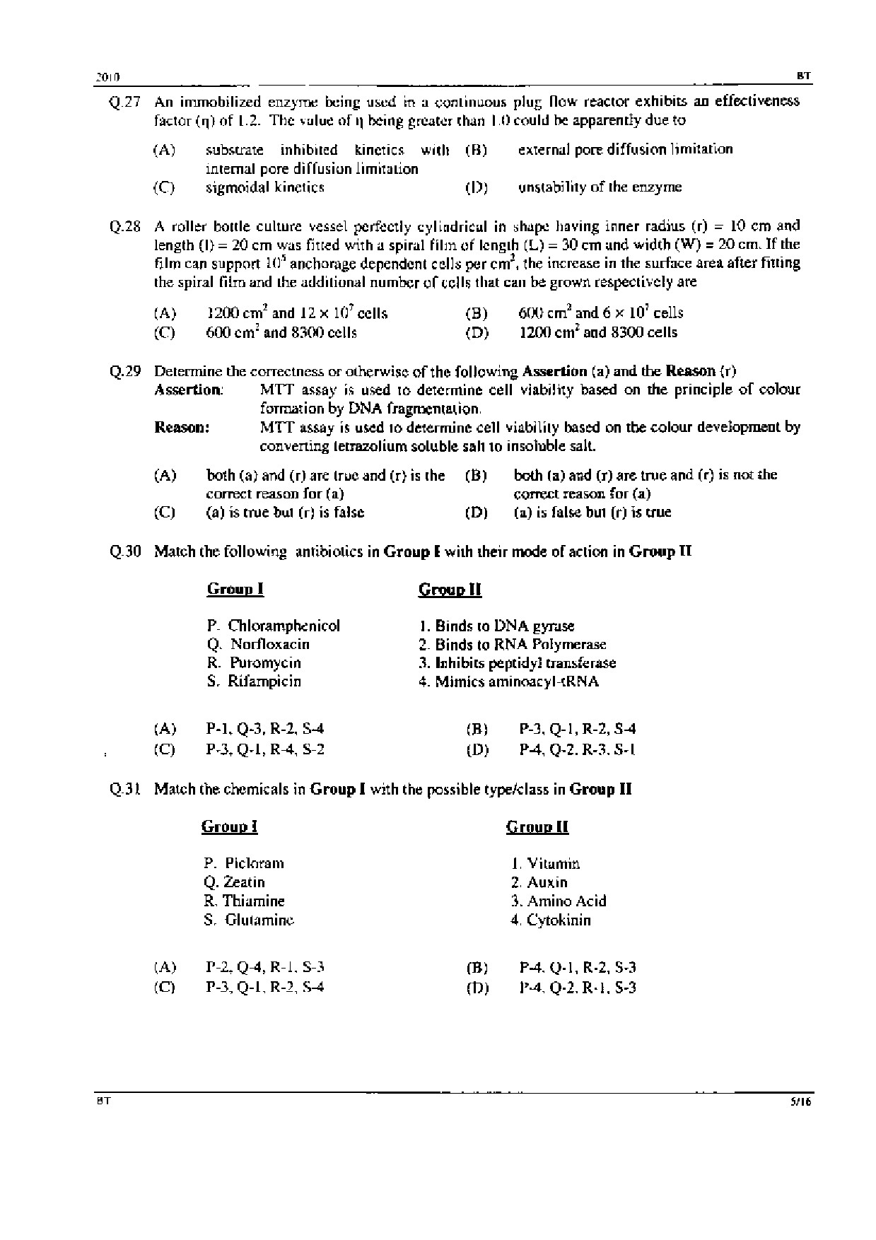 GATE Exam Question Paper 2010 Biotechnology 5