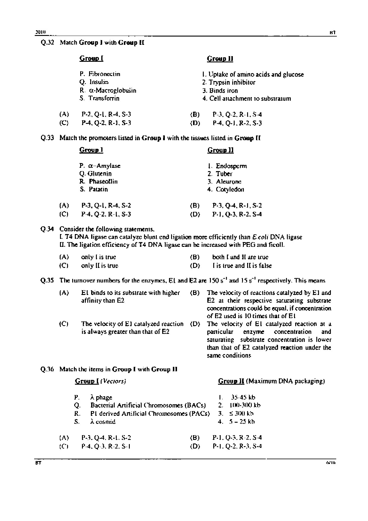 GATE Exam Question Paper 2010 Biotechnology 6