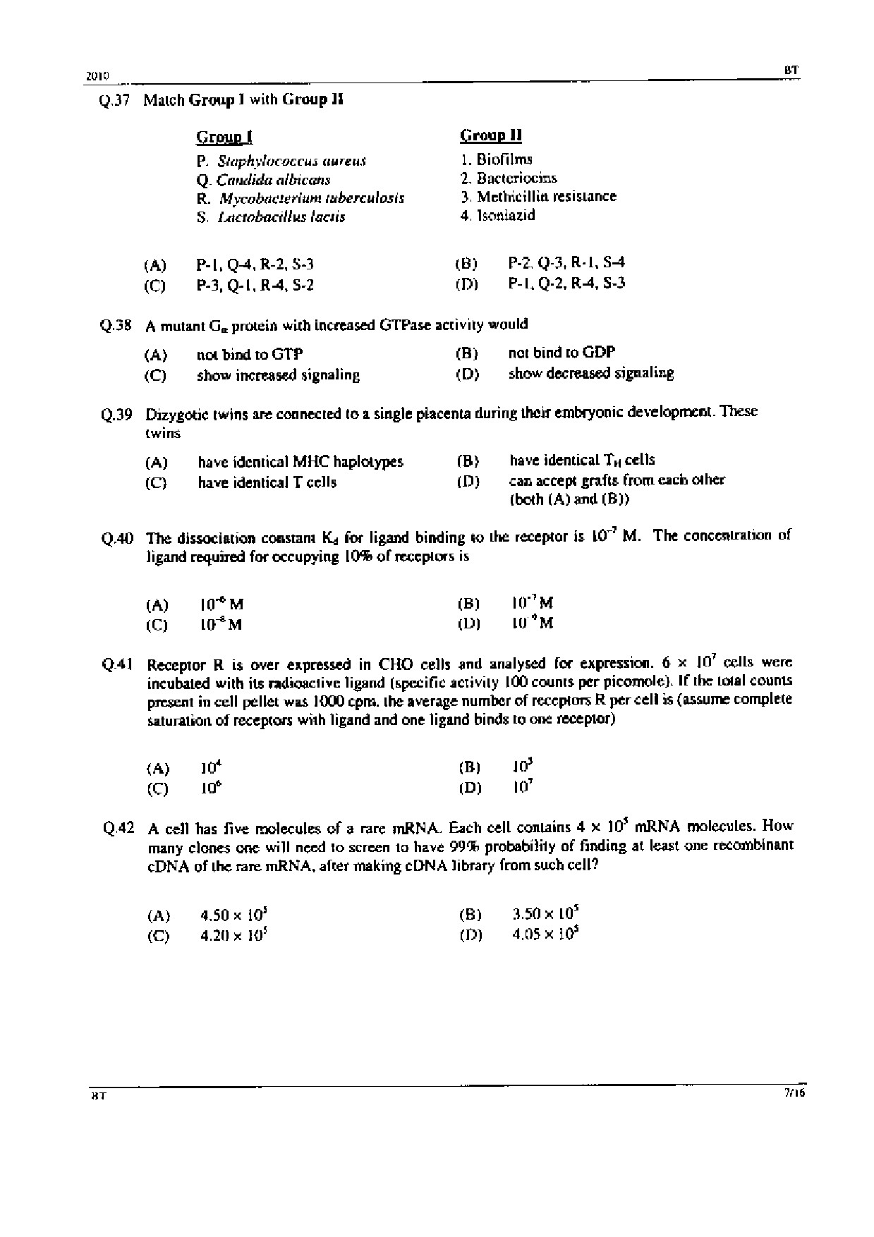 GATE Exam Question Paper 2010 Biotechnology 7