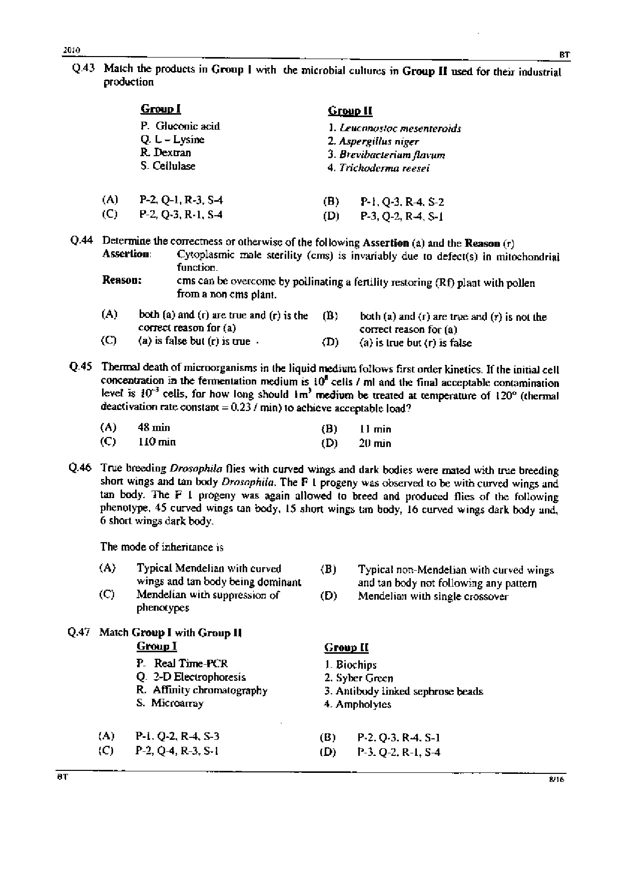 GATE Exam Question Paper 2010 Biotechnology 8