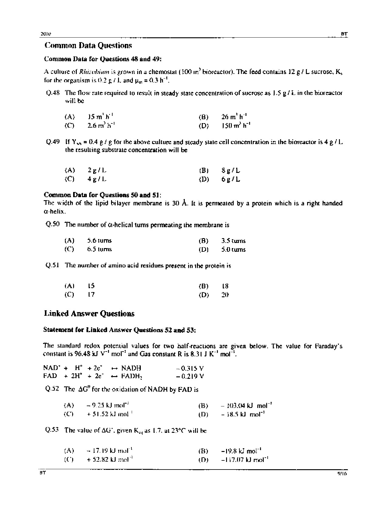 GATE Exam Question Paper 2010 Biotechnology 9