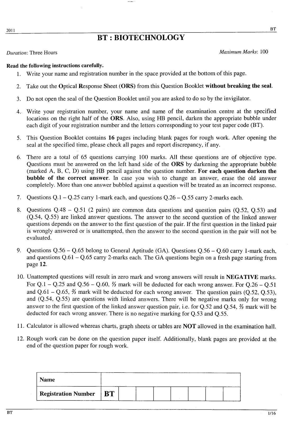 GATE Exam Question Paper 2011 Biotechnology 1