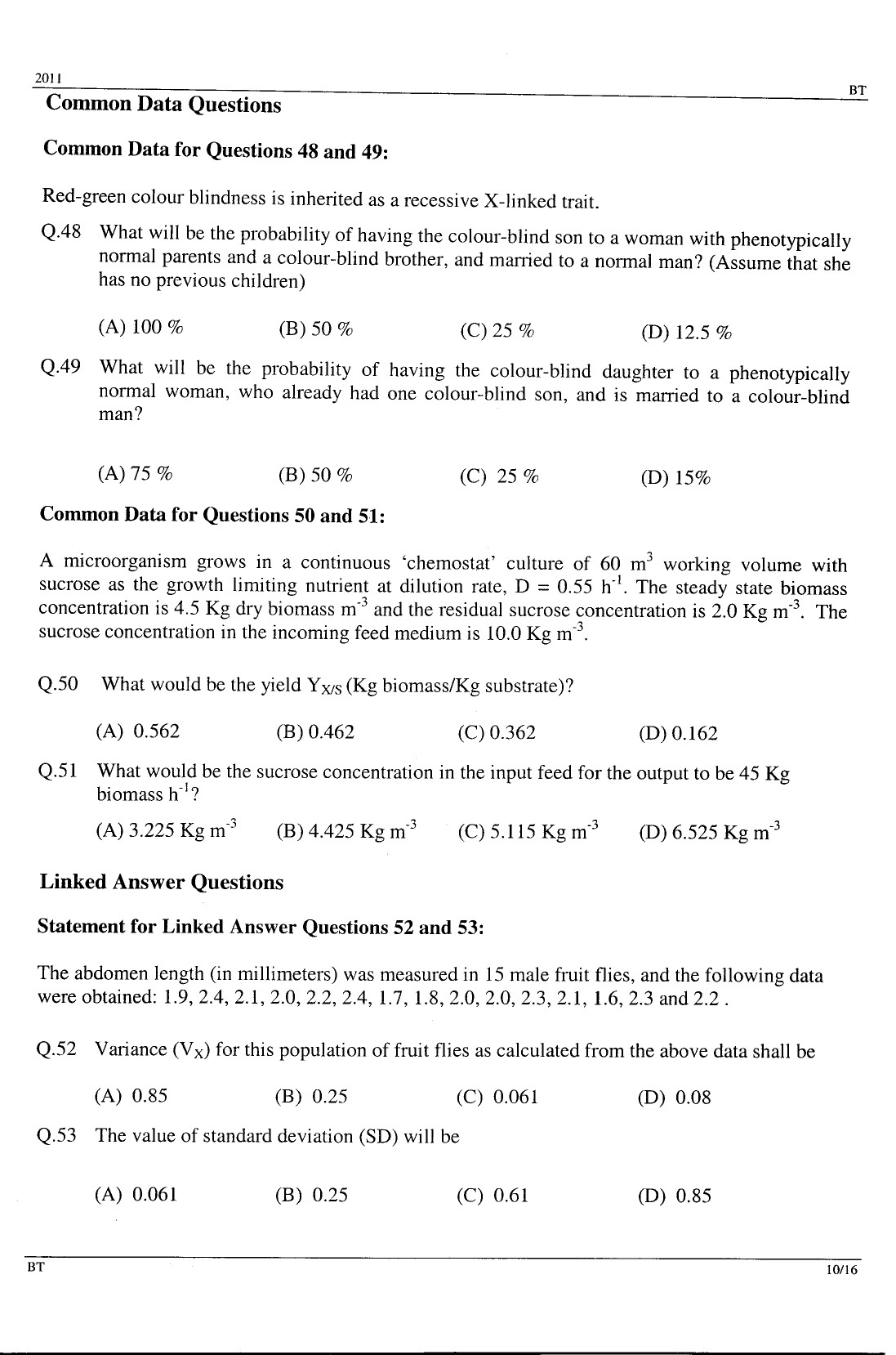 GATE Exam Question Paper 2011 Biotechnology 10