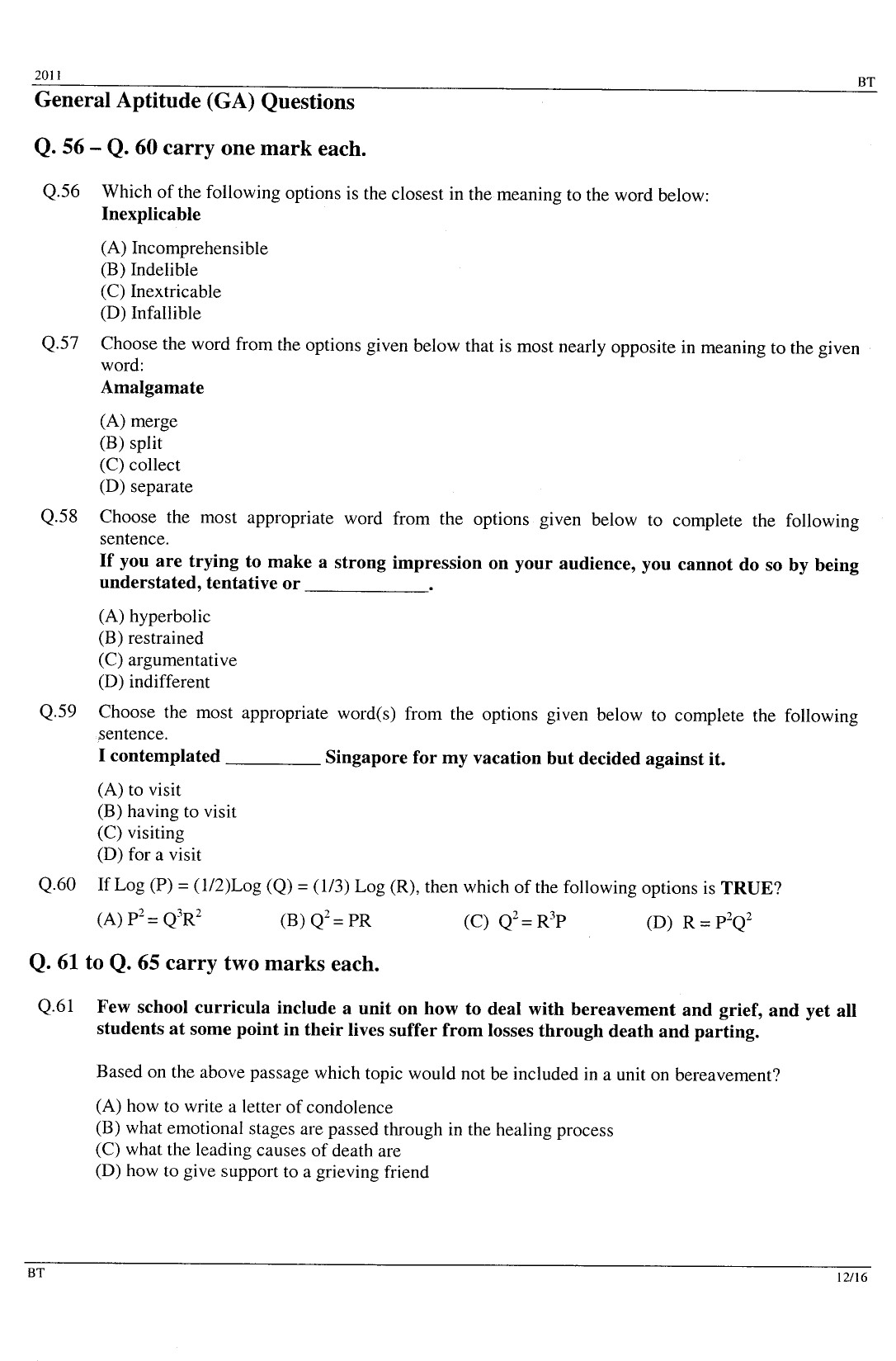 GATE Exam Question Paper 2011 Biotechnology 12