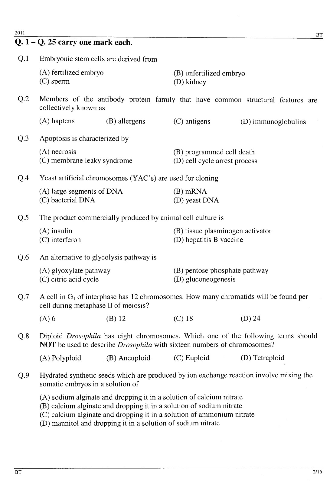 GATE Exam Question Paper 2011 Biotechnology 2