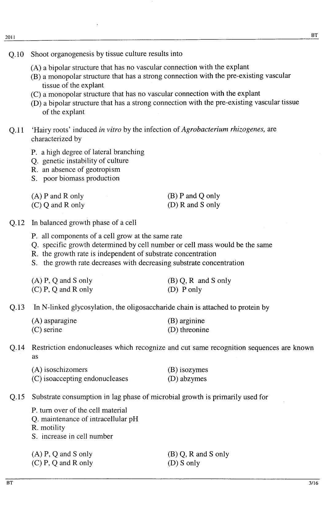 GATE Exam Question Paper 2011 Biotechnology 3