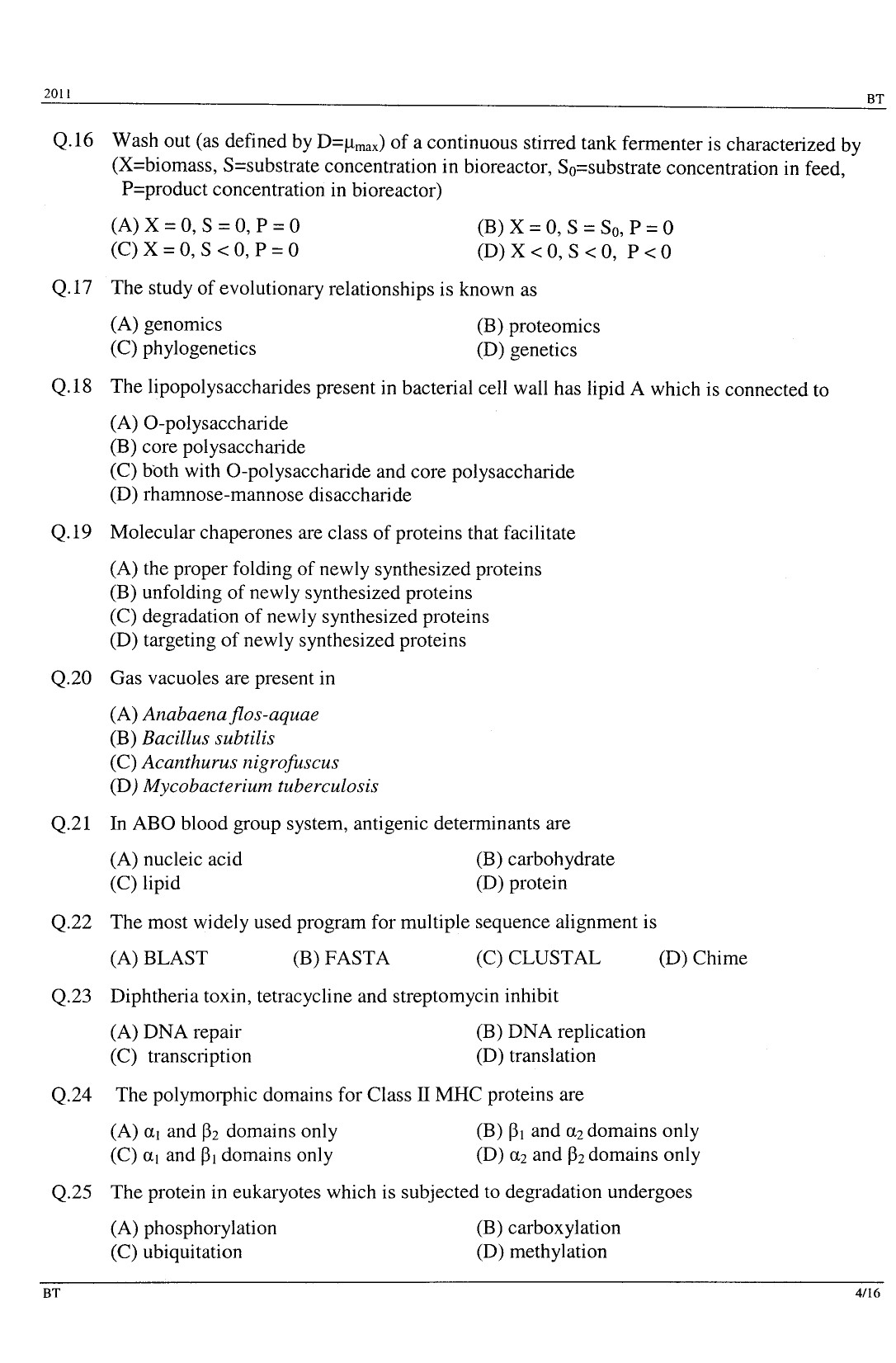 GATE Exam Question Paper 2011 Biotechnology 4