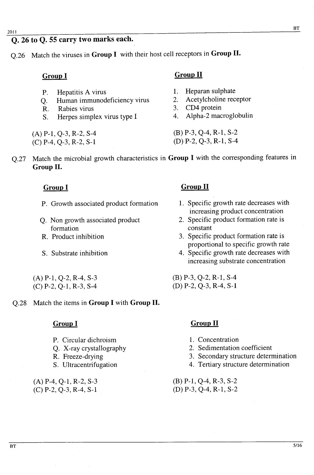 GATE Exam Question Paper 2011 Biotechnology 5