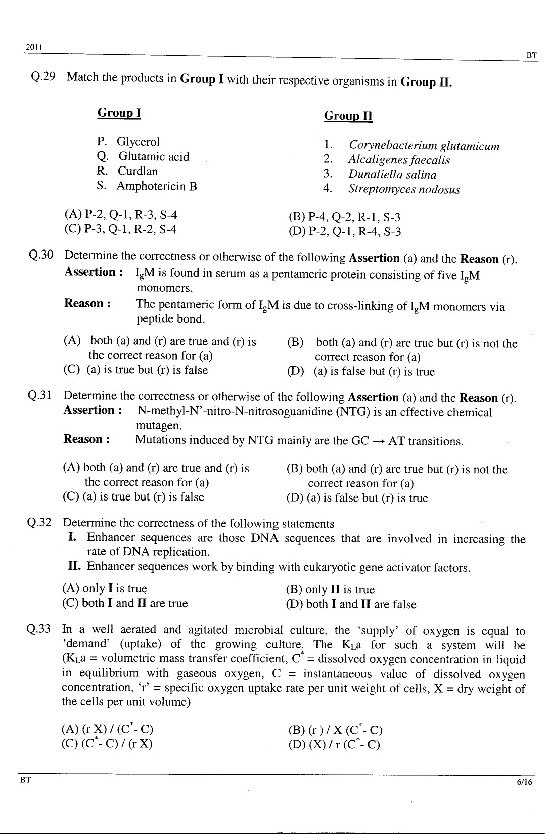 GATE Exam Question Paper 2011 Biotechnology 6