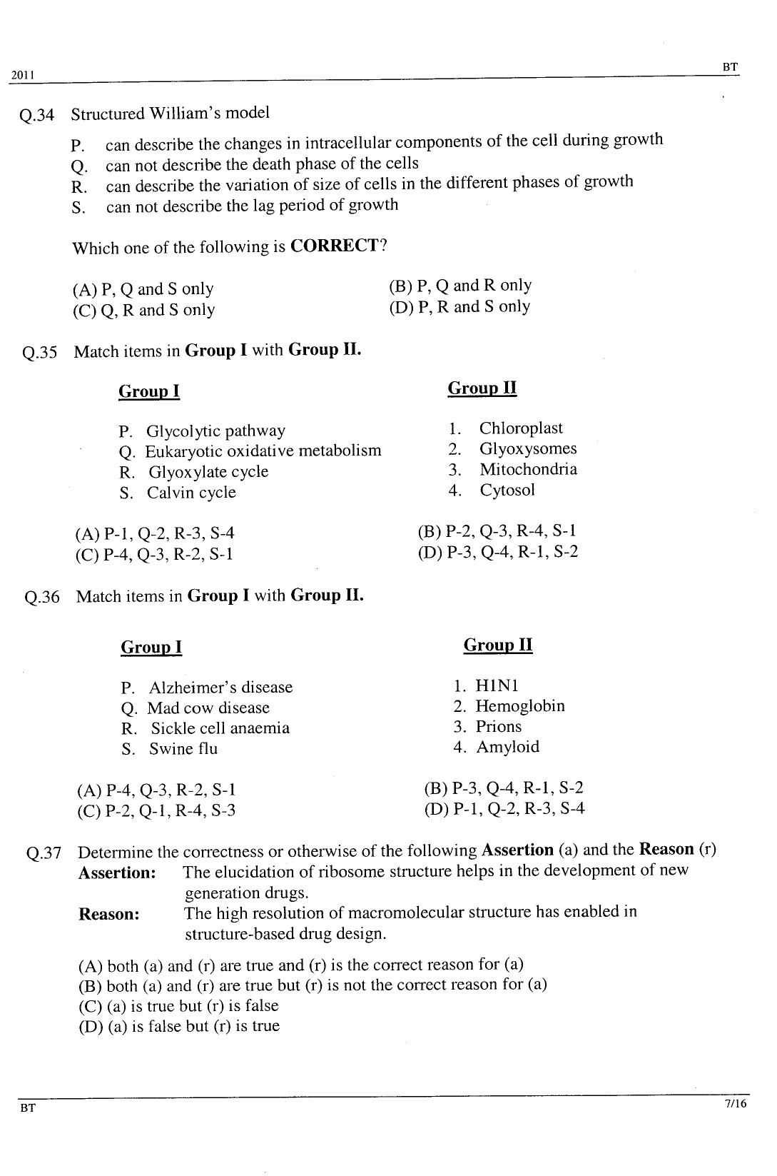 GATE Exam Question Paper 2011 Biotechnology 7