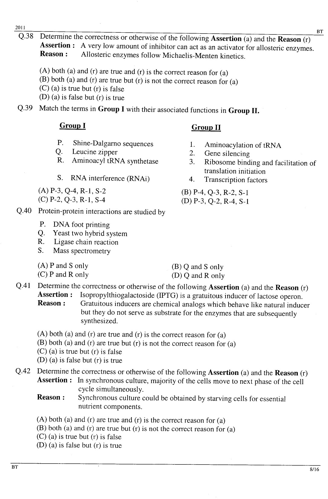 GATE Exam Question Paper 2011 Biotechnology 8