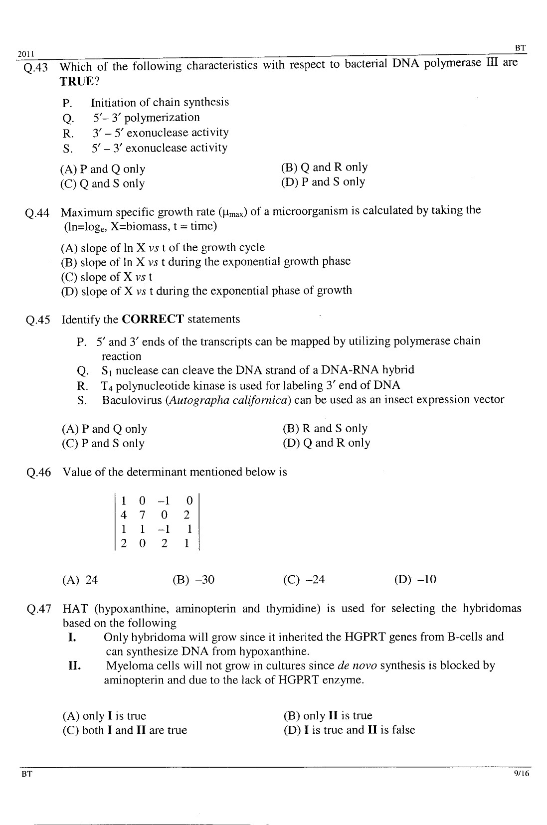 GATE Exam Question Paper 2011 Biotechnology 9