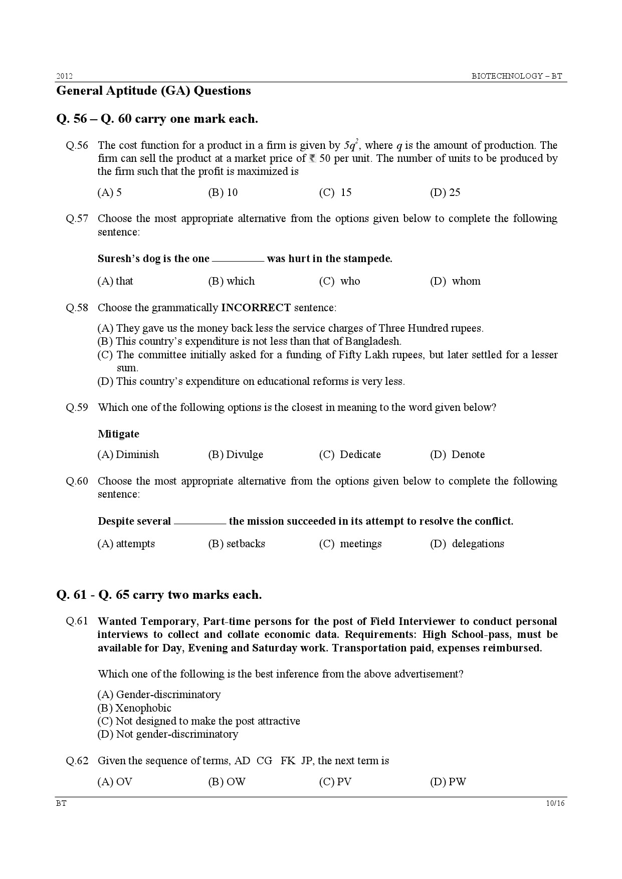 GATE Exam Question Paper 2012 Biotechnology 10