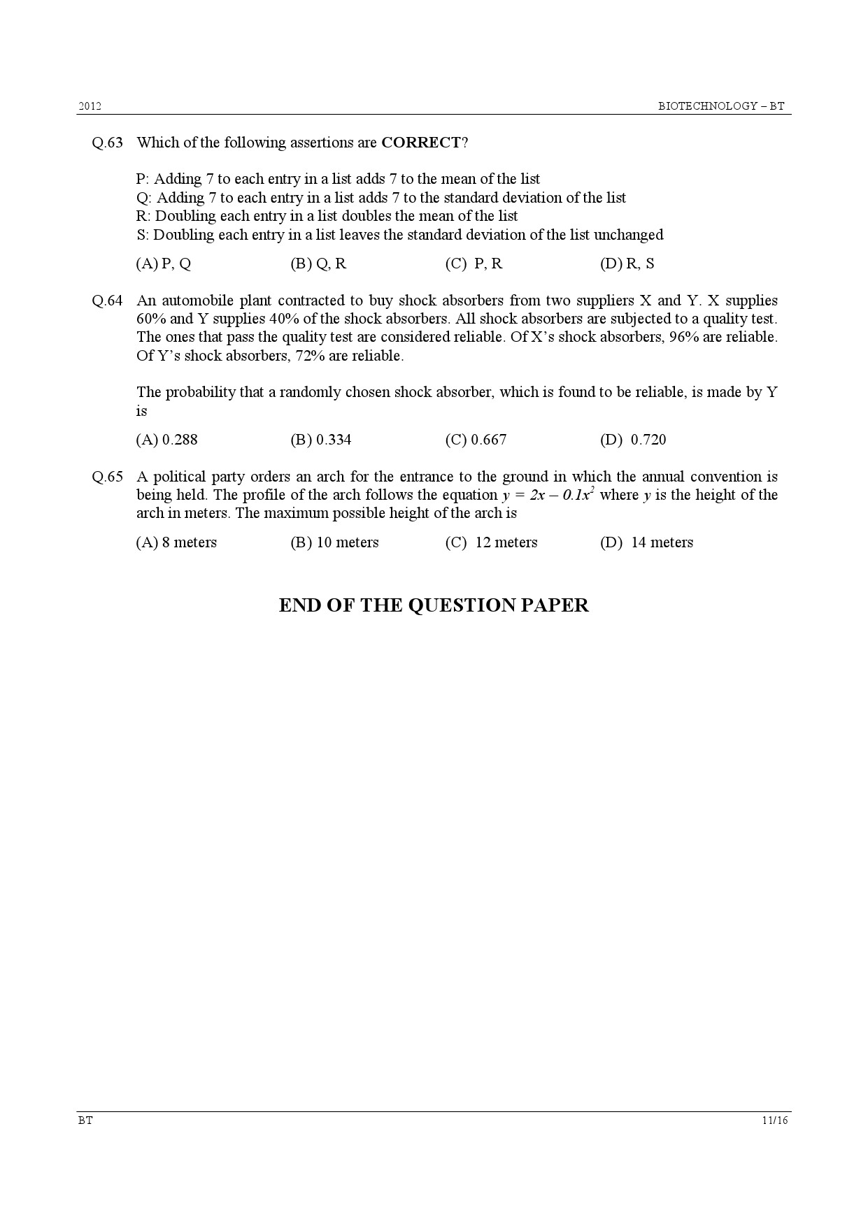 GATE Exam Question Paper 2012 Biotechnology 11