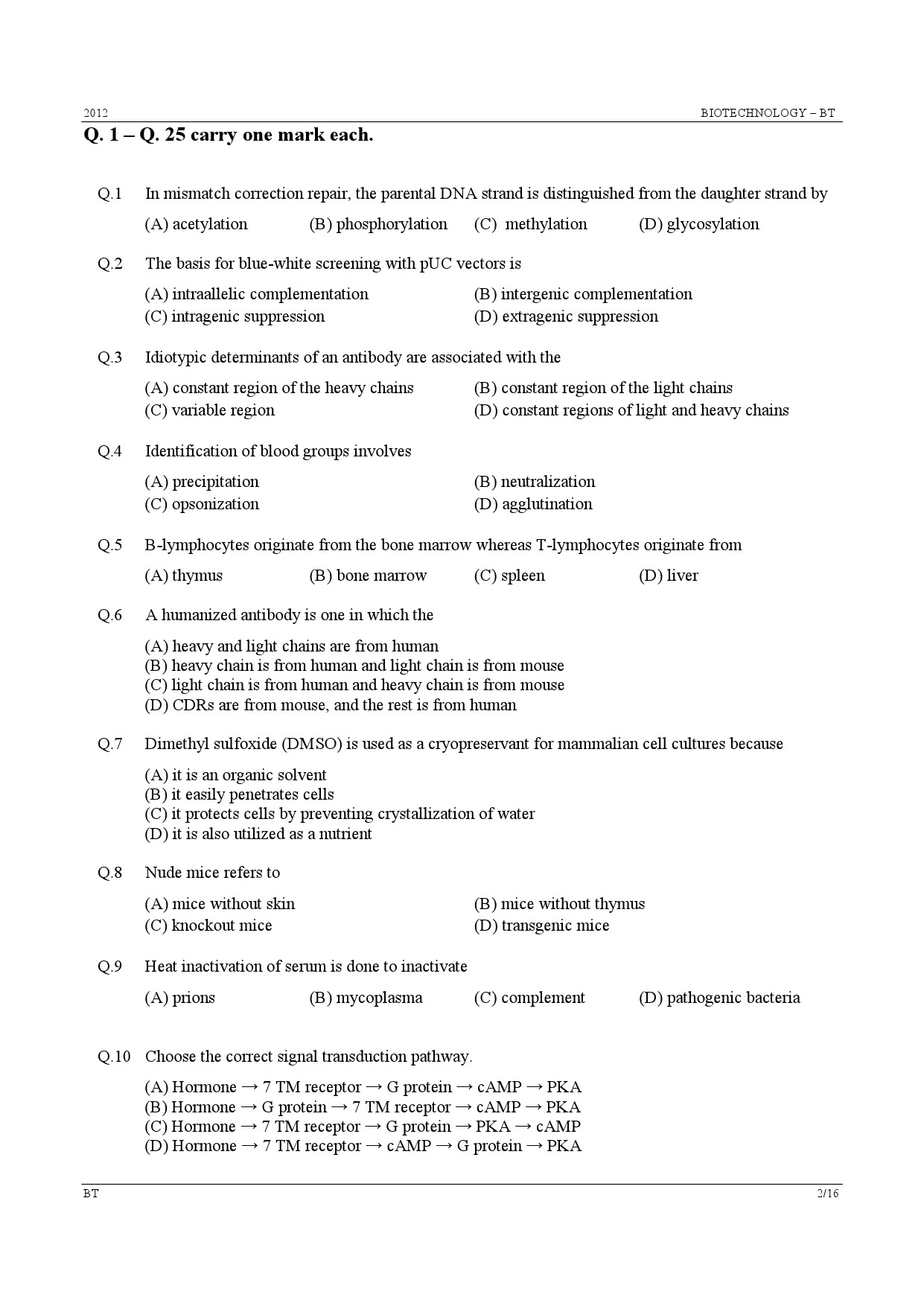 GATE Exam Question Paper 2012 Biotechnology 2