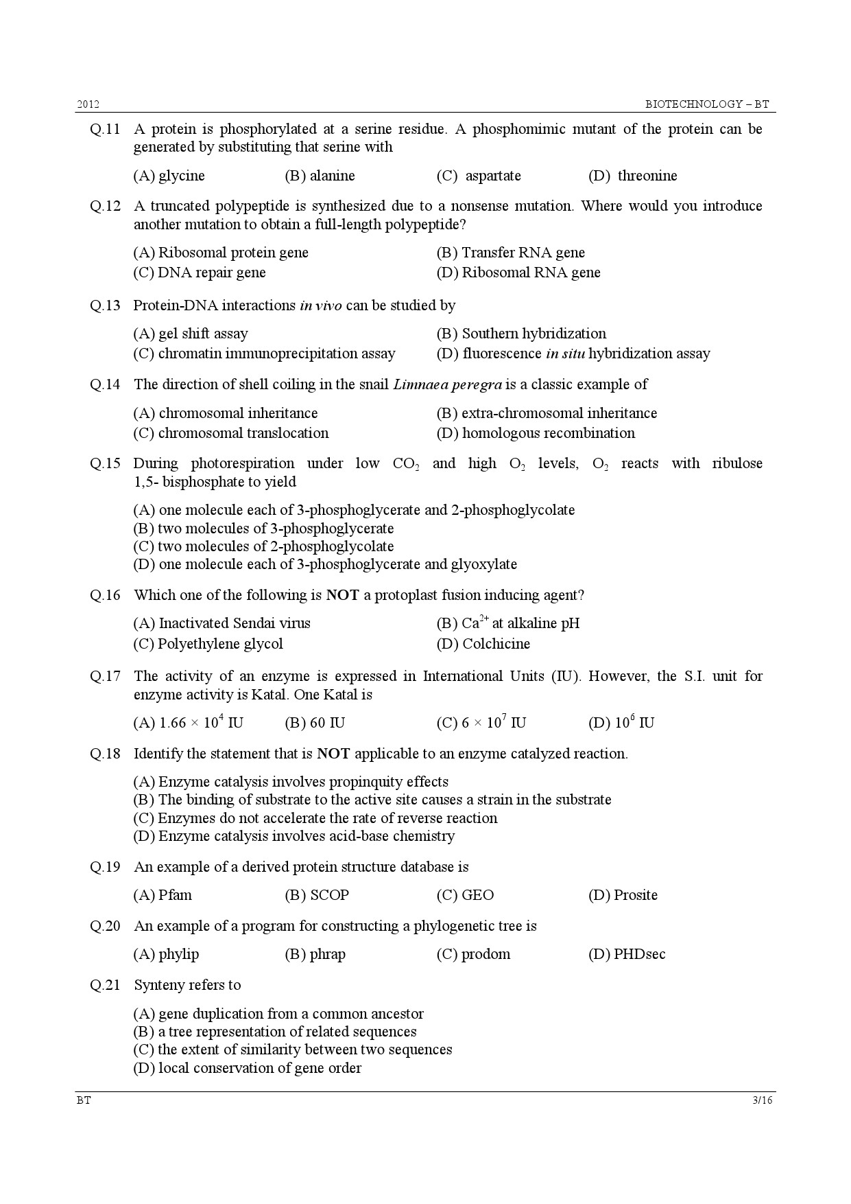 GATE Exam Question Paper 2012 Biotechnology 3