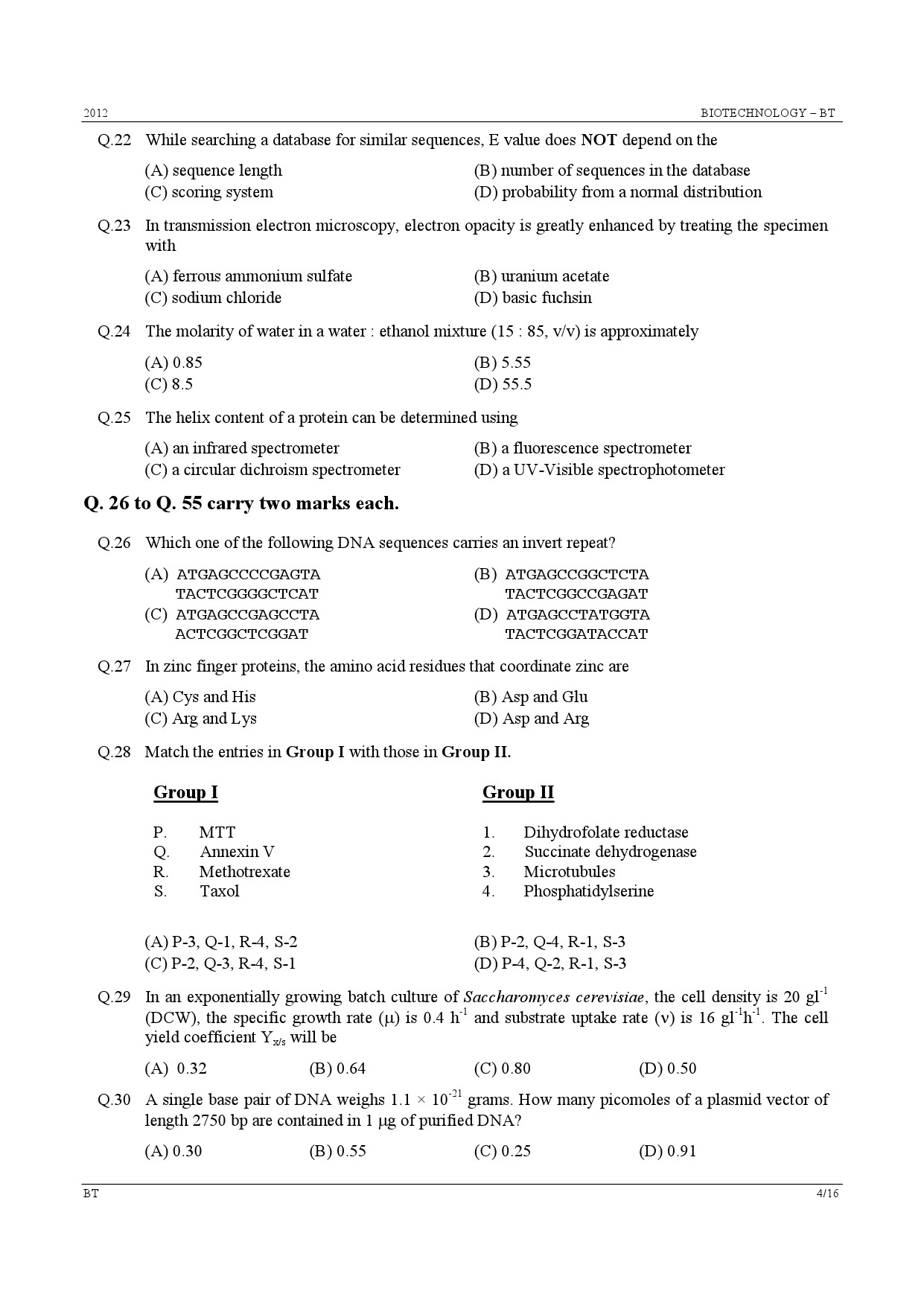 GATE Exam Question Paper 2012 Biotechnology 4