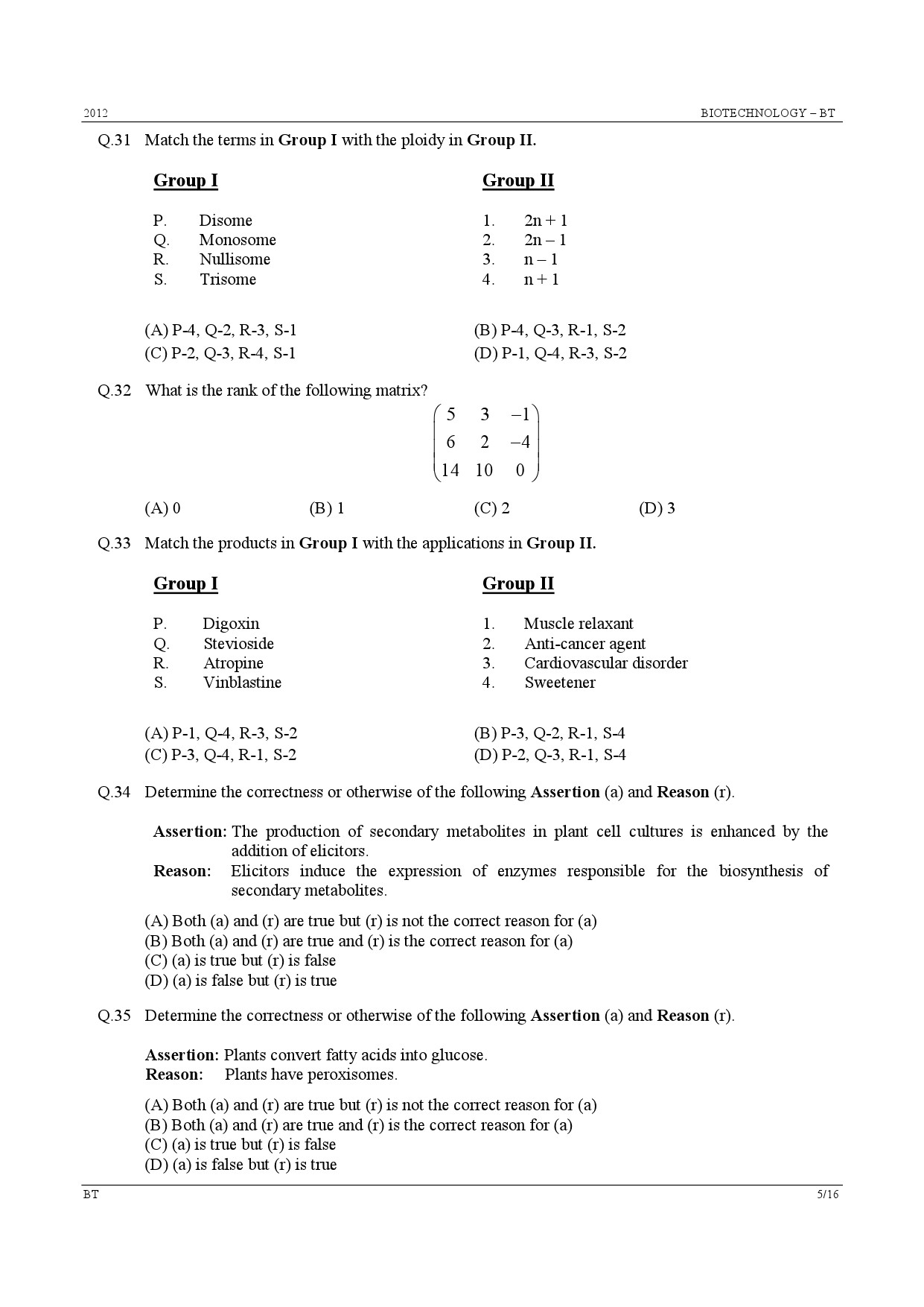 GATE Exam Question Paper 2012 Biotechnology 5