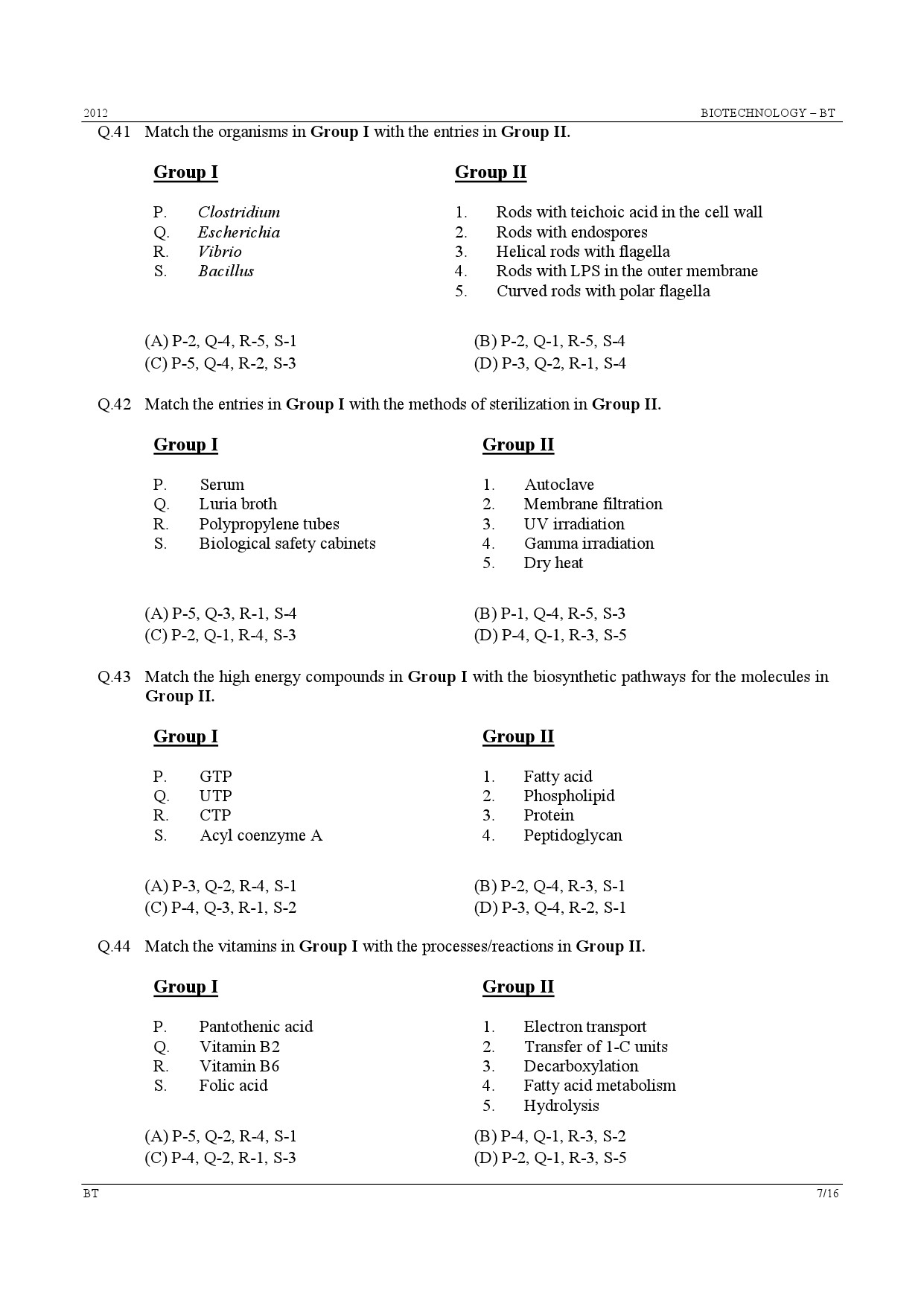 GATE Exam Question Paper 2012 Biotechnology 7
