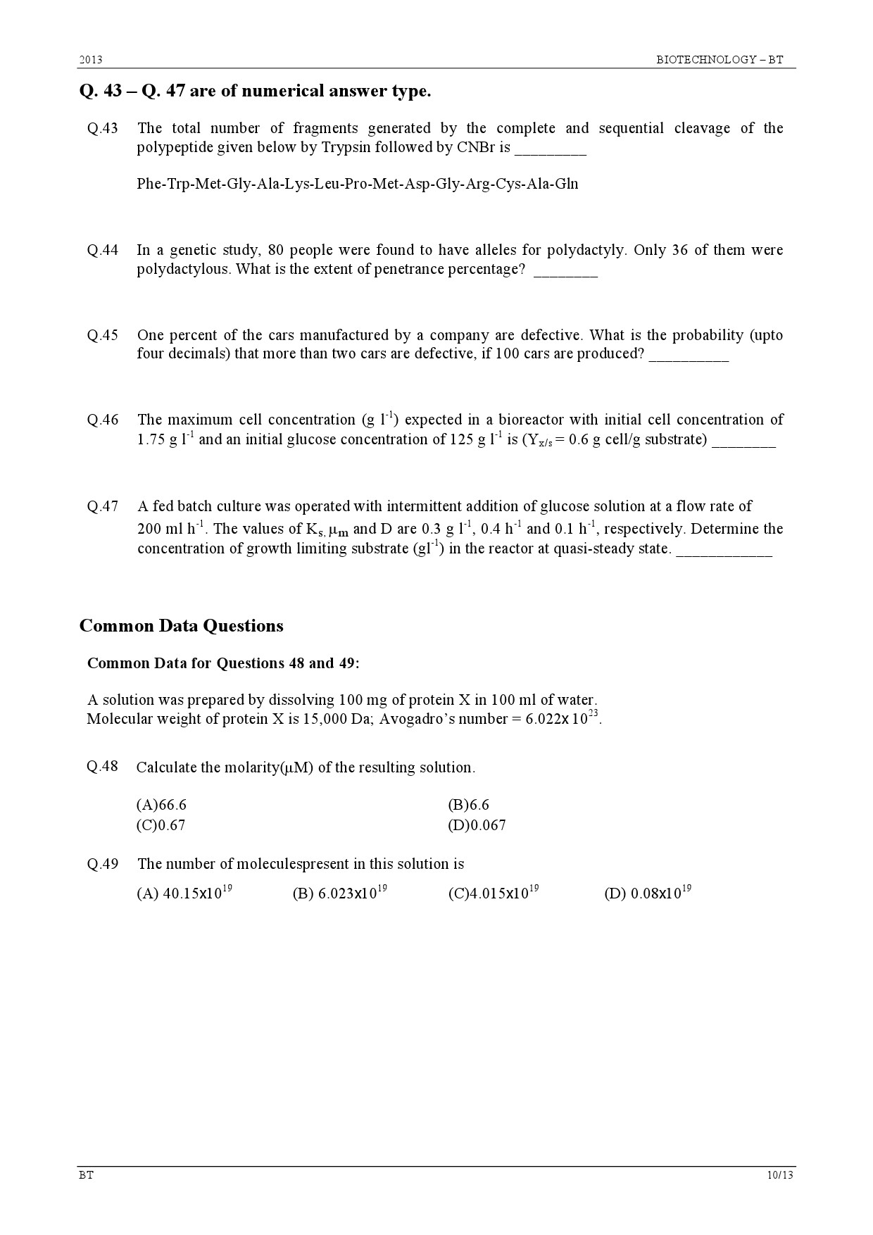 GATE Exam Question Paper 2013 Biotechnology 10