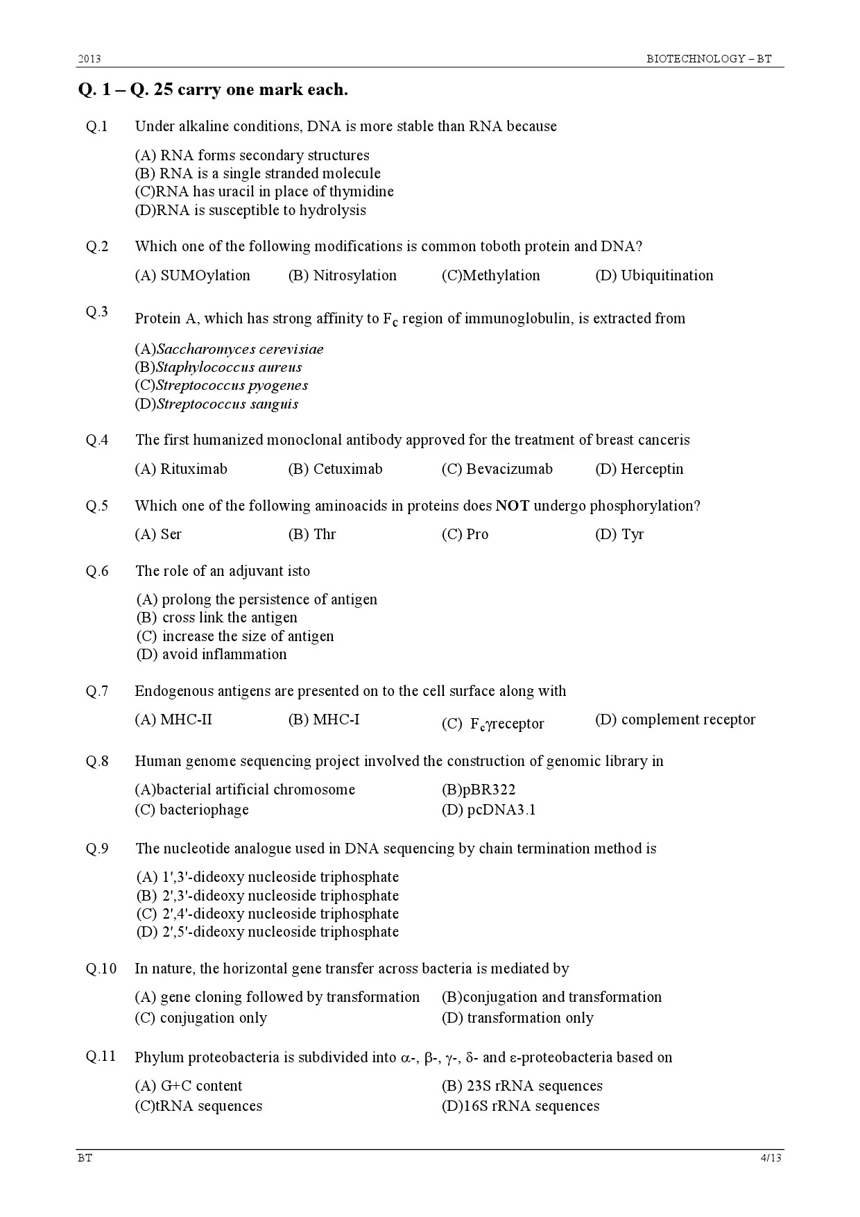 GATE Exam Question Paper 2013 Biotechnology 4