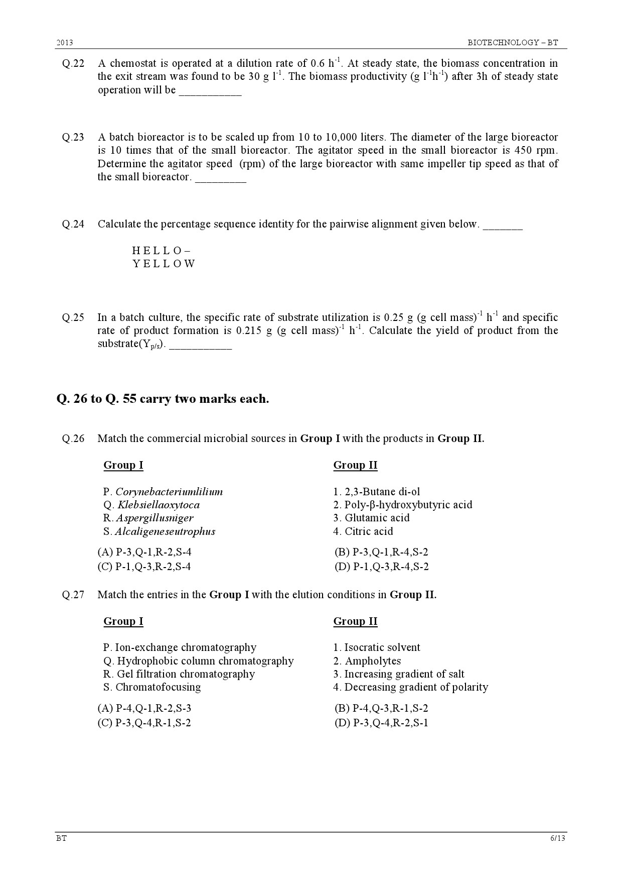 GATE Exam Question Paper 2013 Biotechnology 6