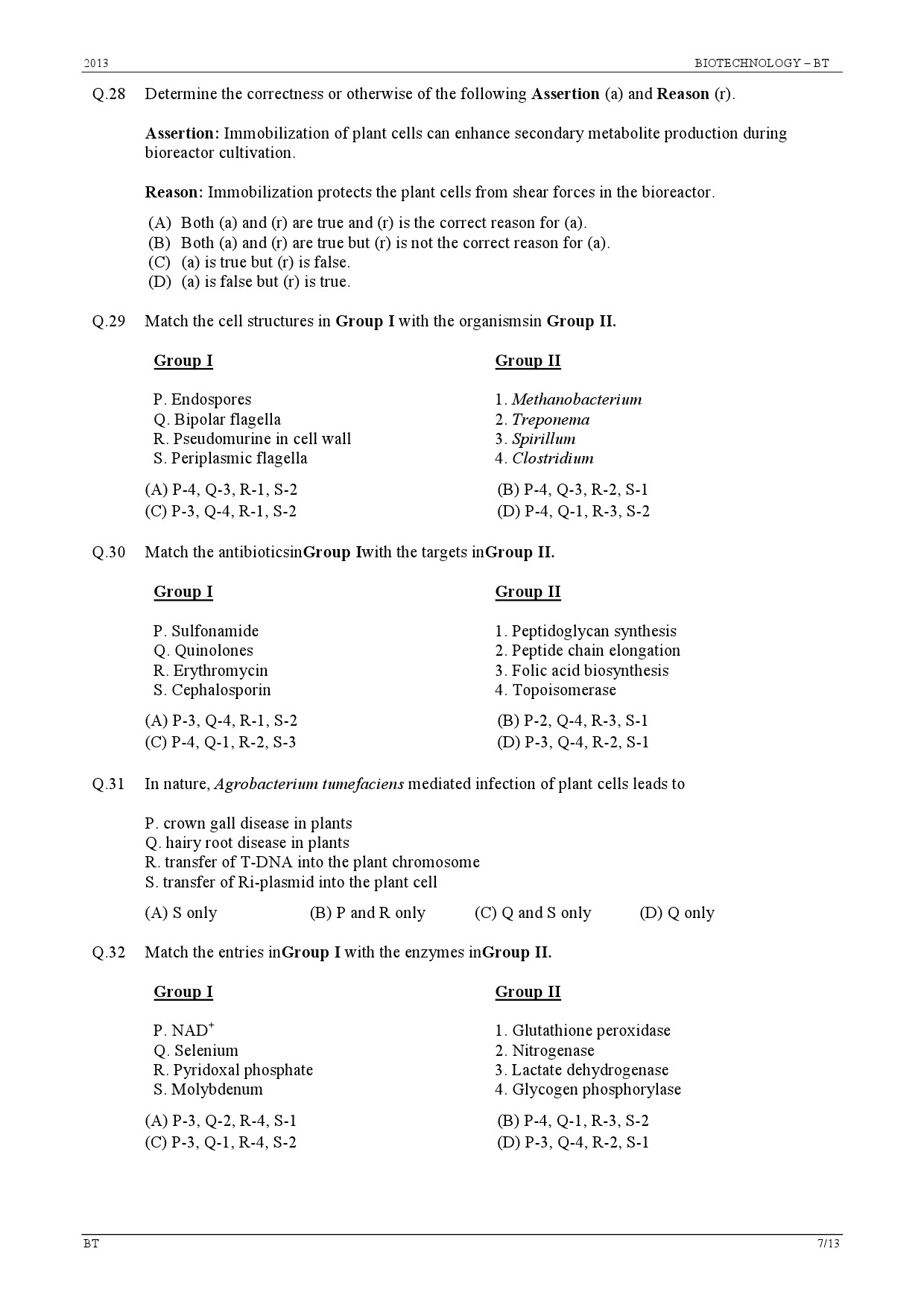 GATE Exam Question Paper 2013 Biotechnology 7