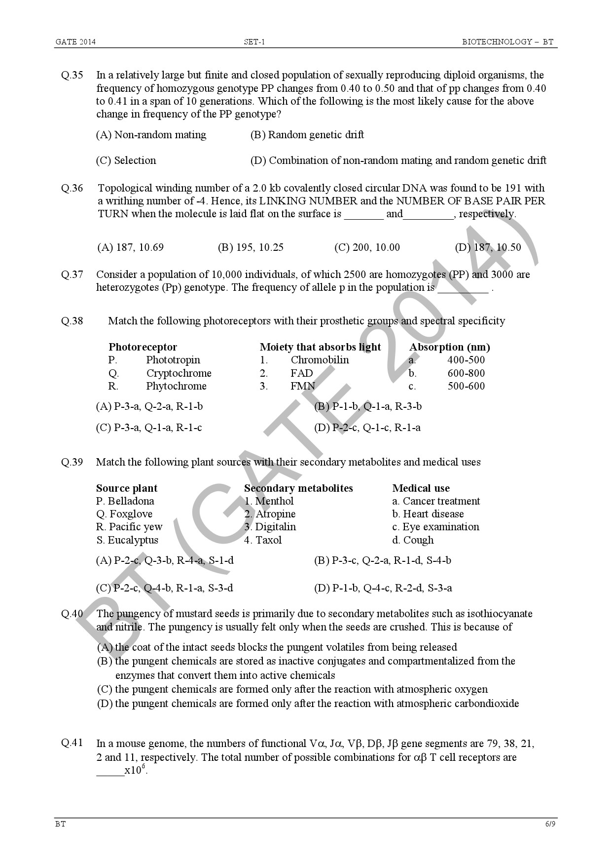 GATE Exam Question Paper 2014 Biotechnology 12